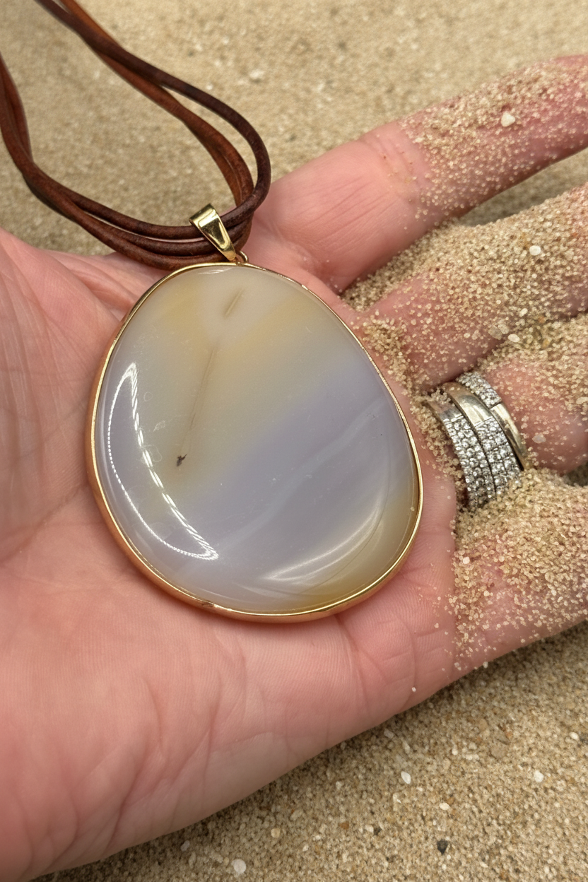 Natural Agate Slice Pendant Necklace | Gold Edged Polished Gemstone | Multi-Strand Brown Leather Cord | Boho Statement Jewelry Gift