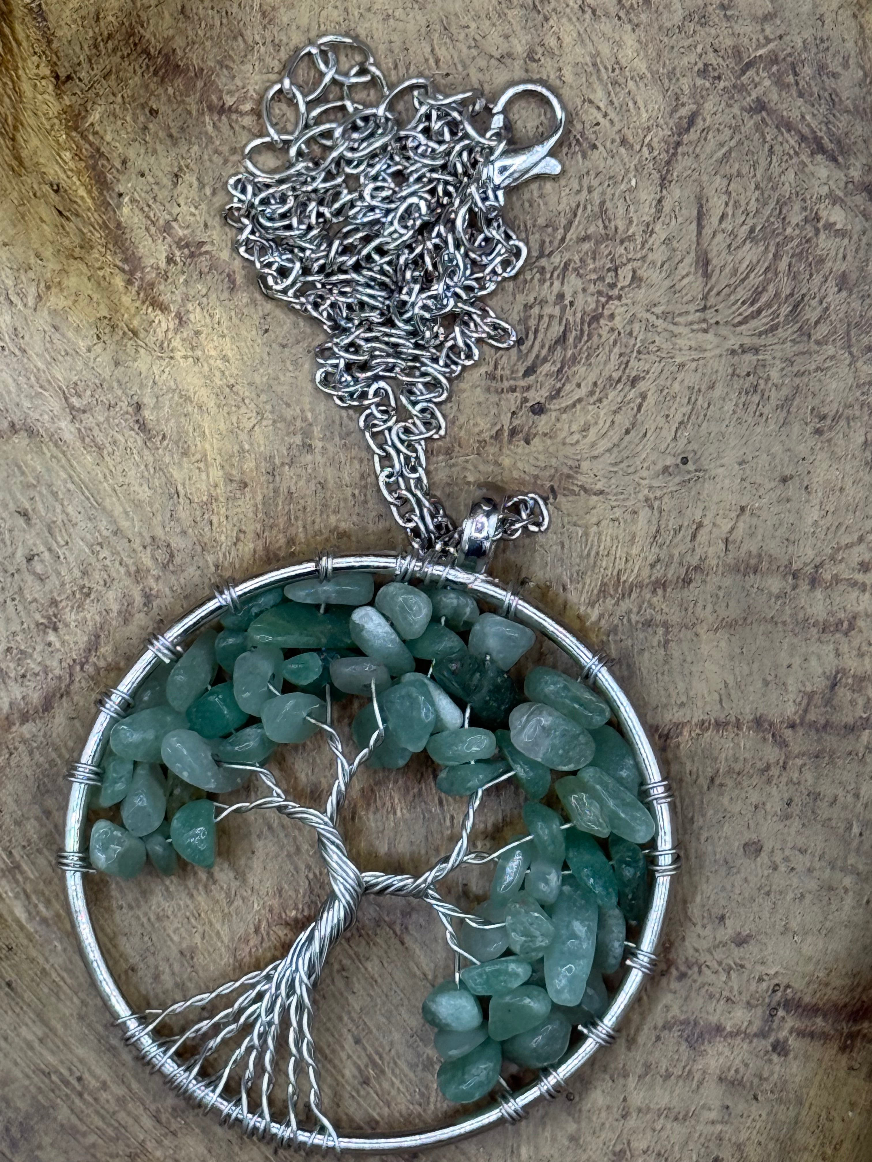 Wire Wrapped Green Aventurine Tree of Life Pendant Necklace • Silver Chain Boho Jewelry