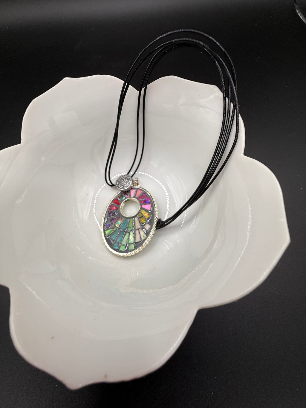 Colorful Mosaic Pendant Necklace, Rainbow Stained Glass Style Choker, Multi Strand Black Cord