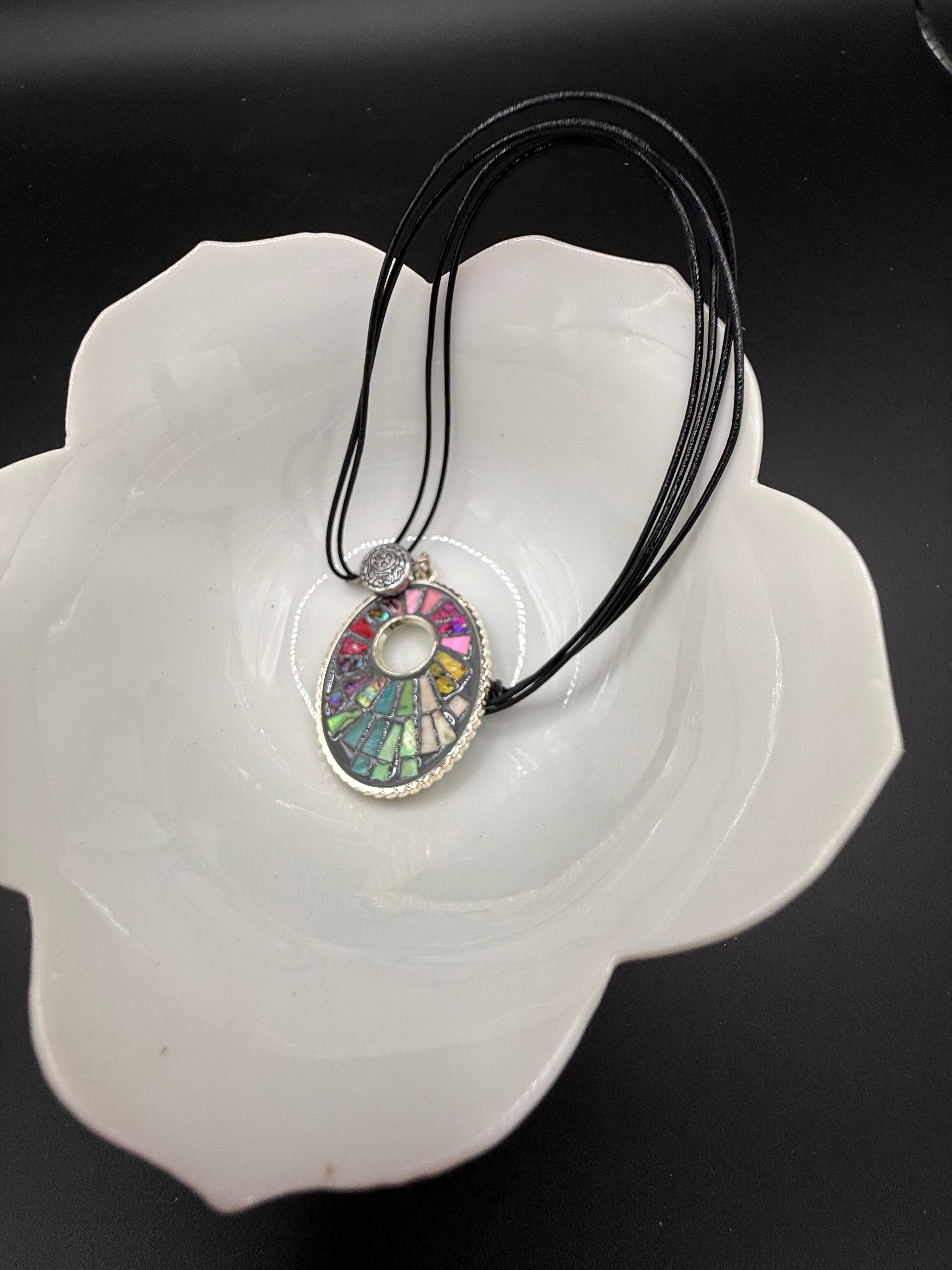 Colorful Mosaic Pendant Necklace, Rainbow Stained Glass Style Choker, Multi Strand Black Cord