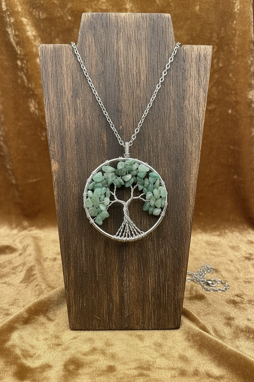 Wire Wrapped Green Aventurine Tree of Life Pendant Necklace • Silver Chain Boho Jewelry