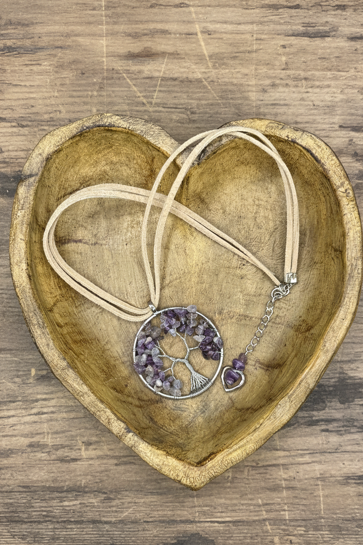 Boho Amethyst Tree of Life Wire Wrapped Pendant Necklace