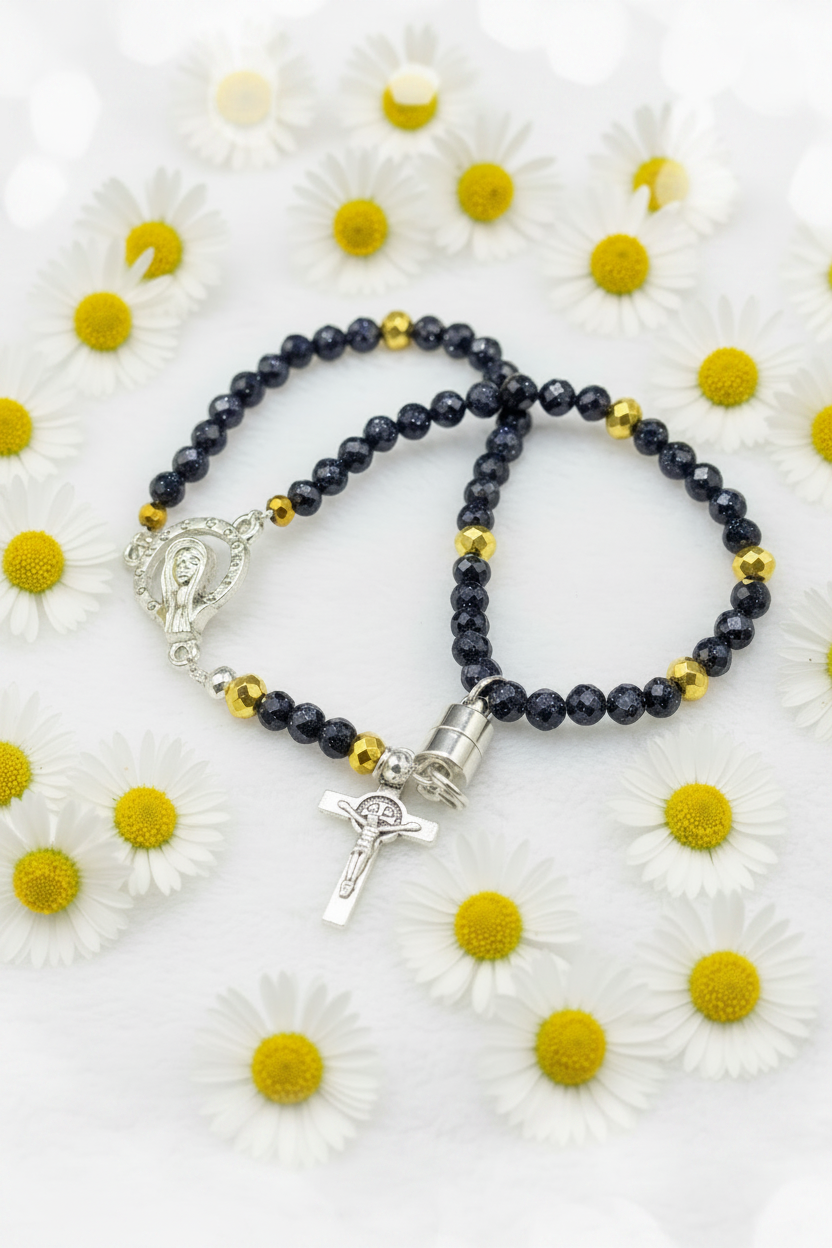 Gemstone Rosary Bracelet • Catholic Decade Prayer Bracelet • Mother Mary & Crucifix Charm - Magnetic Clasp