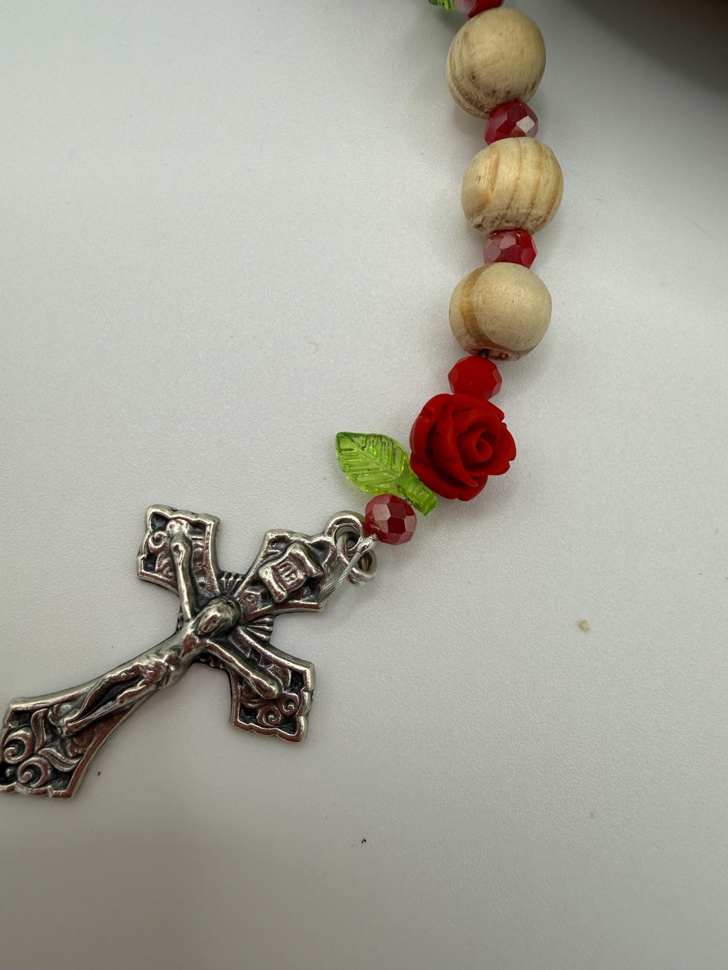 Wooden Rosary, Red Crystal Spacers, Rose Our Father Beads
