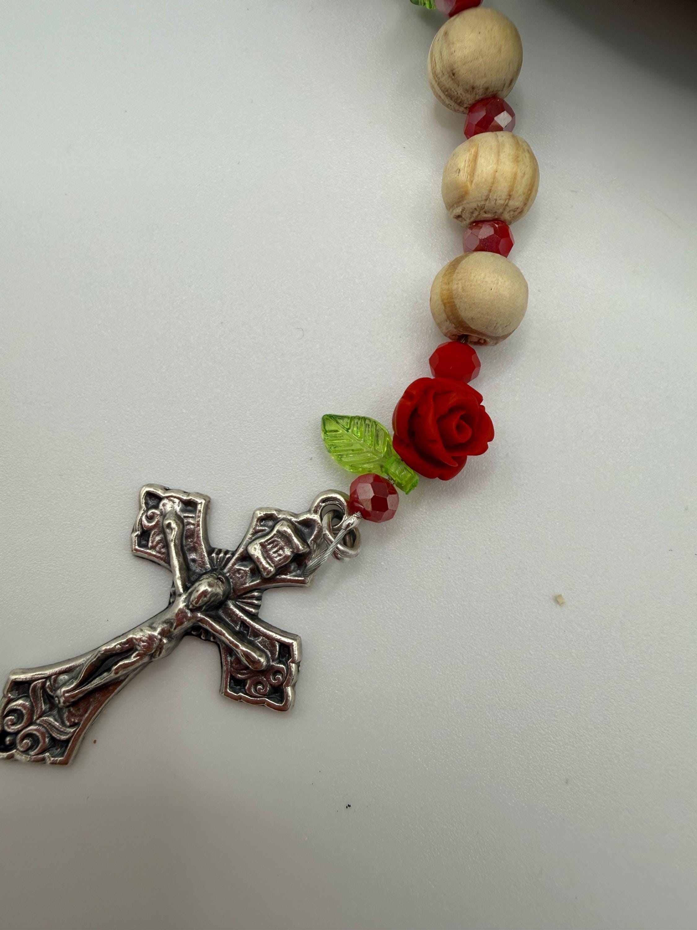 Wooden Rosary, Red Crystal Spacers, Rose Our Father Beads