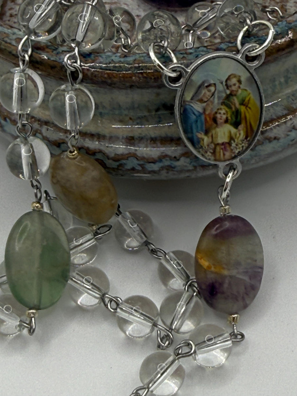 Clear Crystal Rosary, Natural Stone Our Father Beads, Holy Family Center
