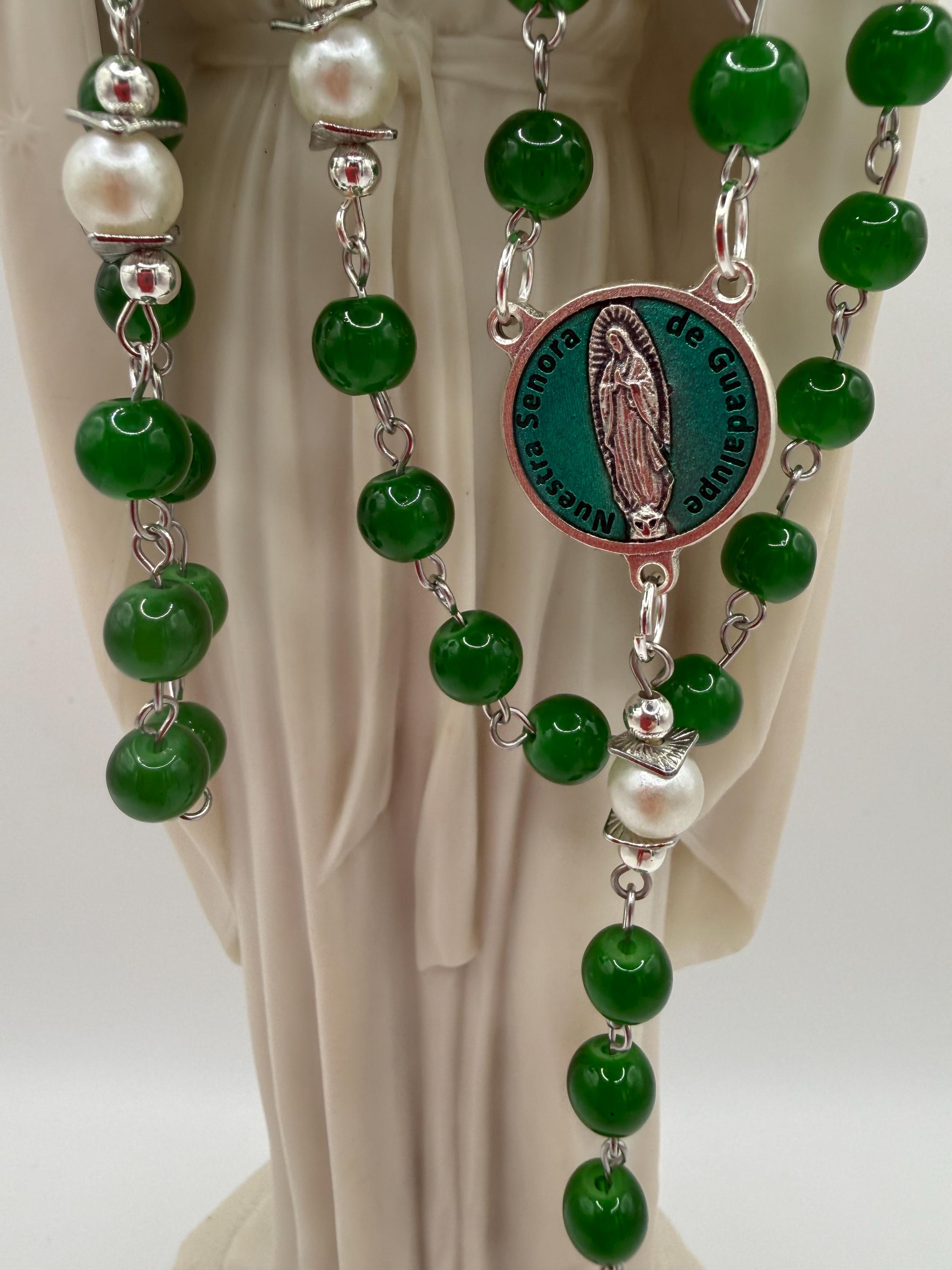 Emerald Green Glass Bead Rosary with Pearl Like Accents | Miraculous Medal Center | St. Benedict Crucifix