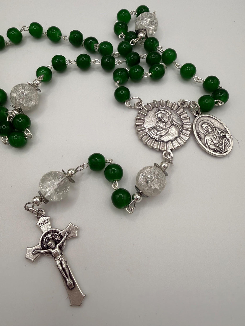 Handmade Green Rosary with Crackle Glass Beads, Miraculous Medal & Crucifix