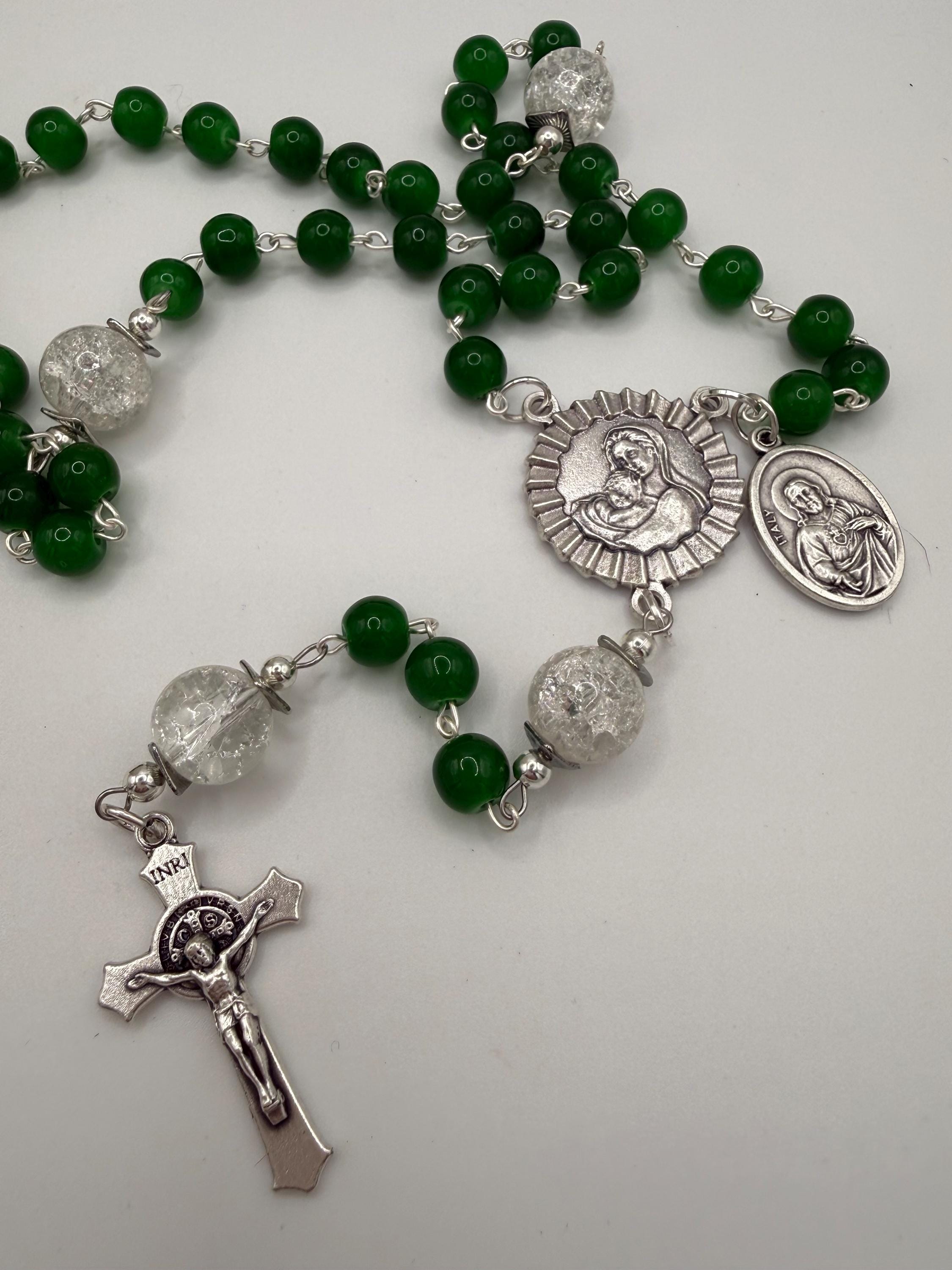 Handmade Green Rosary with Crackle Glass Beads, Miraculous Medal & Crucifix