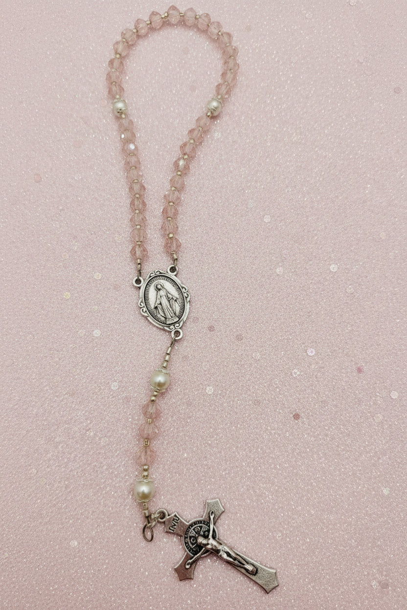 Child's First Rosary - Blush Pink Crystal Beads, Silver Crucifix