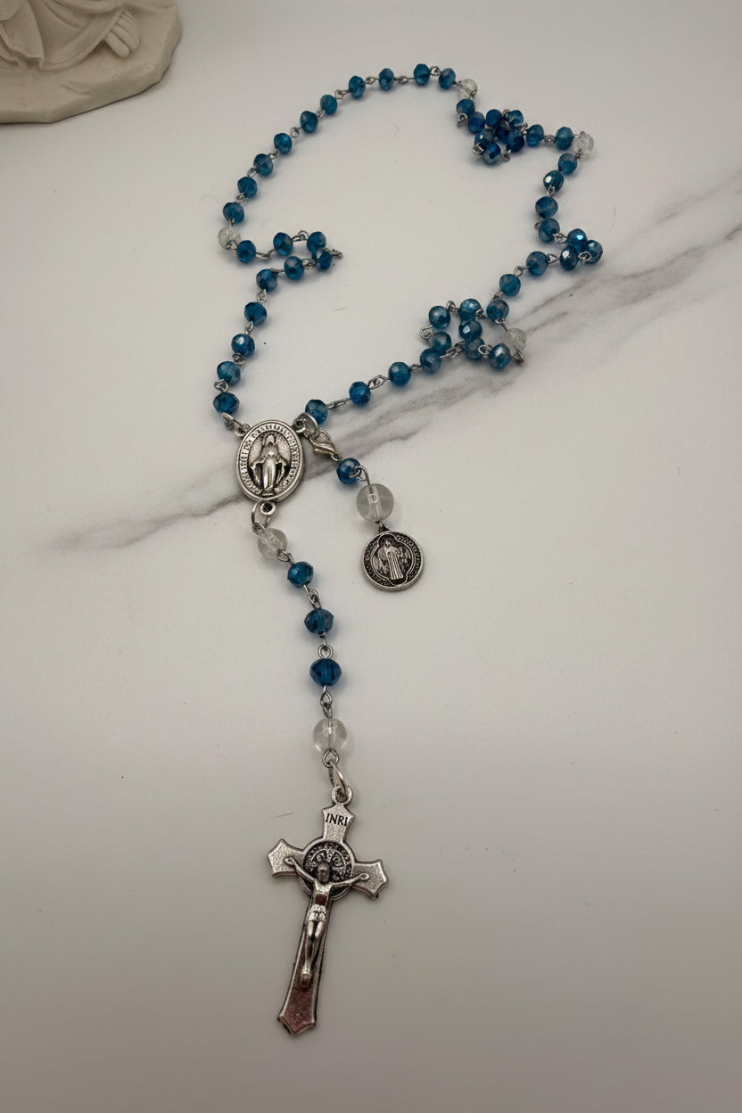 Blue Crystal Rosary with INR Crucifix and Rosary Tracker
