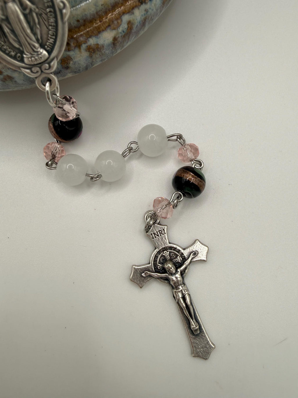 Unique and One of a Kind Rosary With Black Beads and Pink Roses.