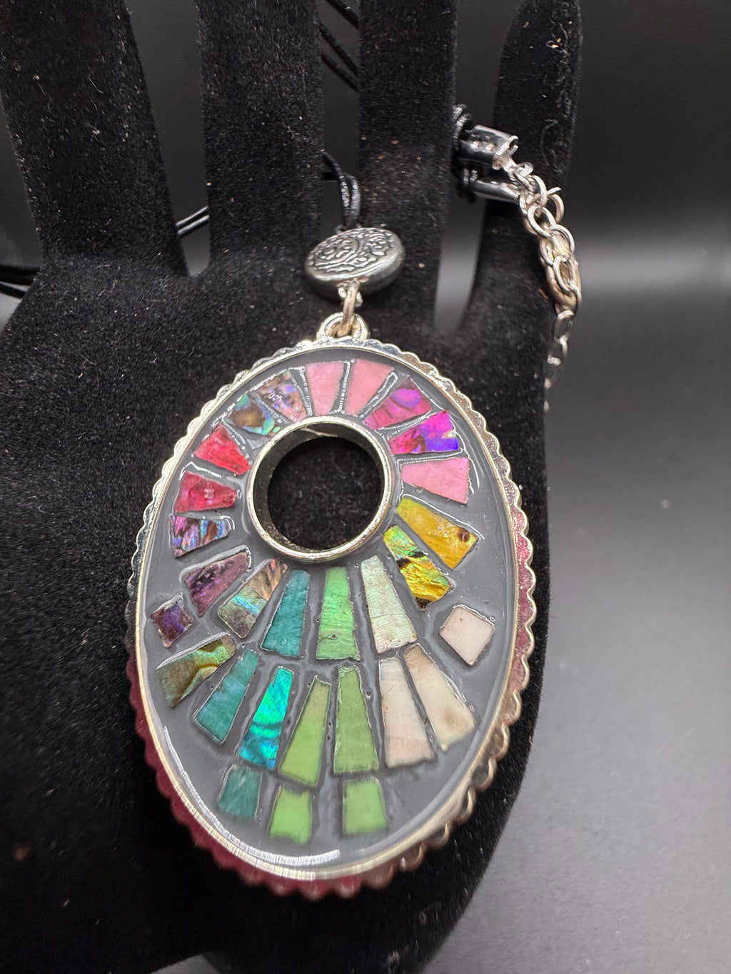 Colorful Mosaic Pendant Necklace, Rainbow Stained Glass Style Choker, Multi Strand Black Cord