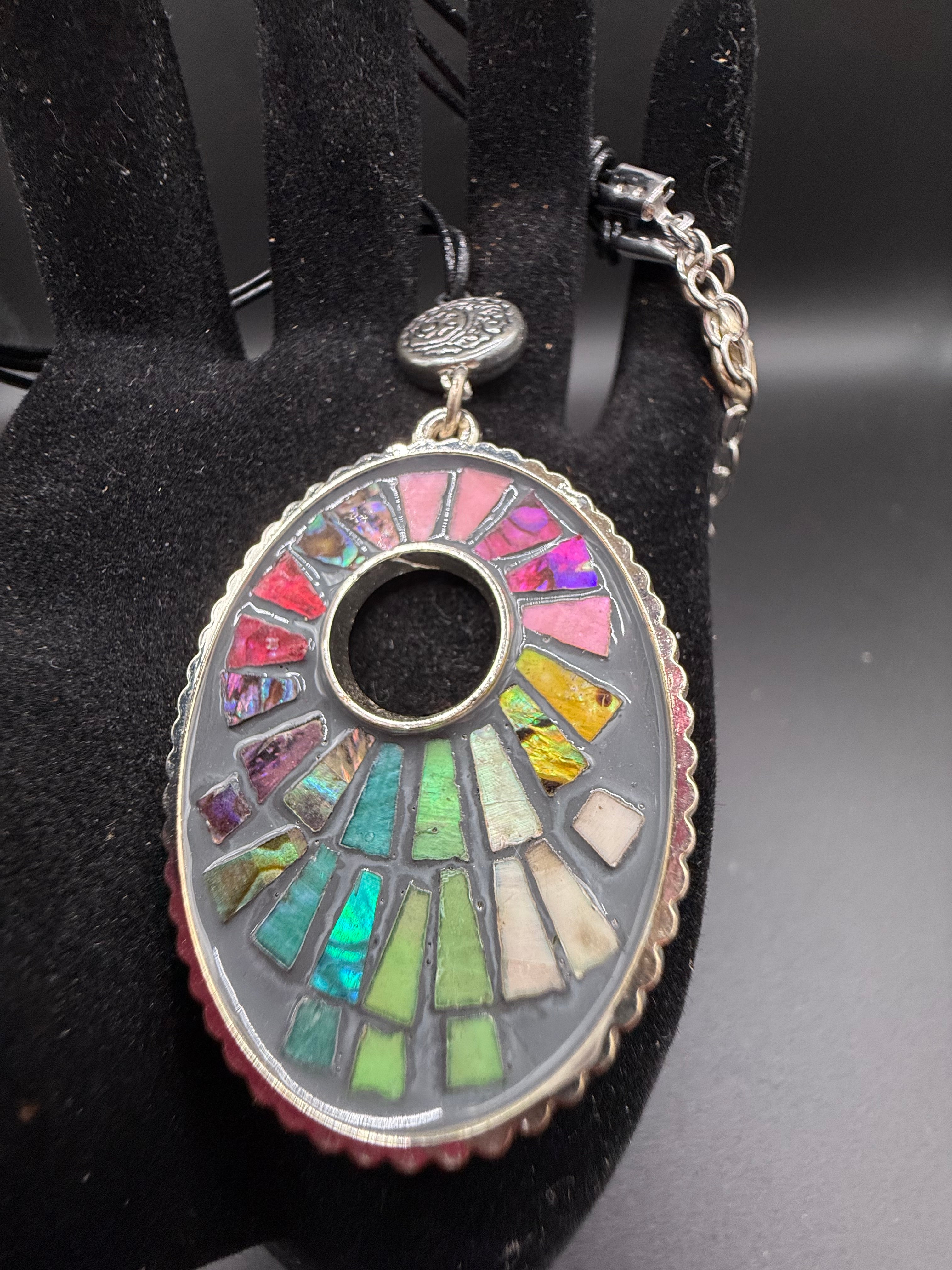 Colorful Mosaic Pendant Necklace, Rainbow Stained Glass Style Choker, Multi Strand Black Cord