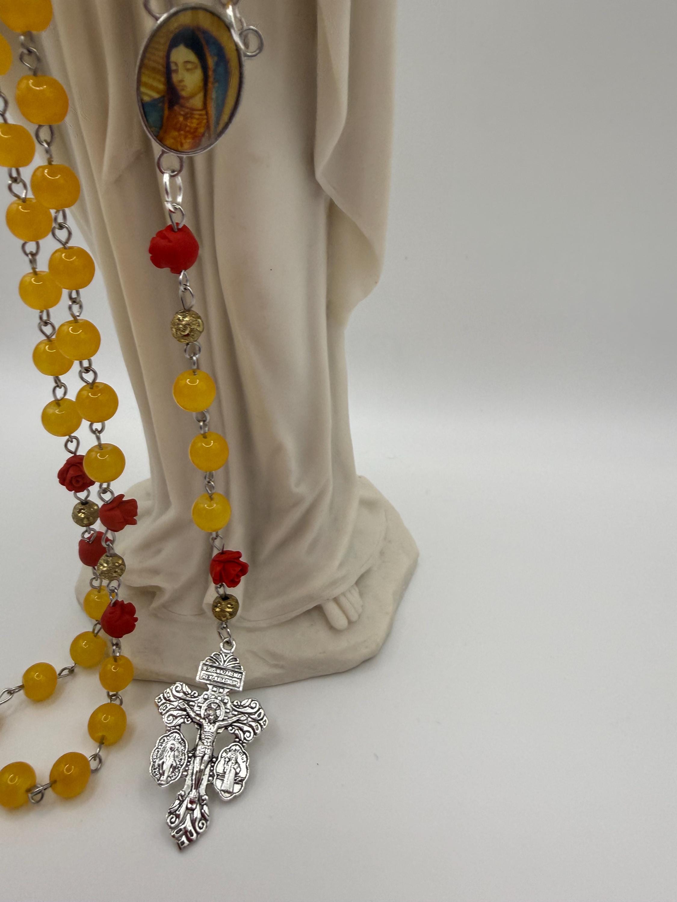 Yellow Glass Bead Rosary With Red Rose Accents, Our Lady of Guadalupe Center