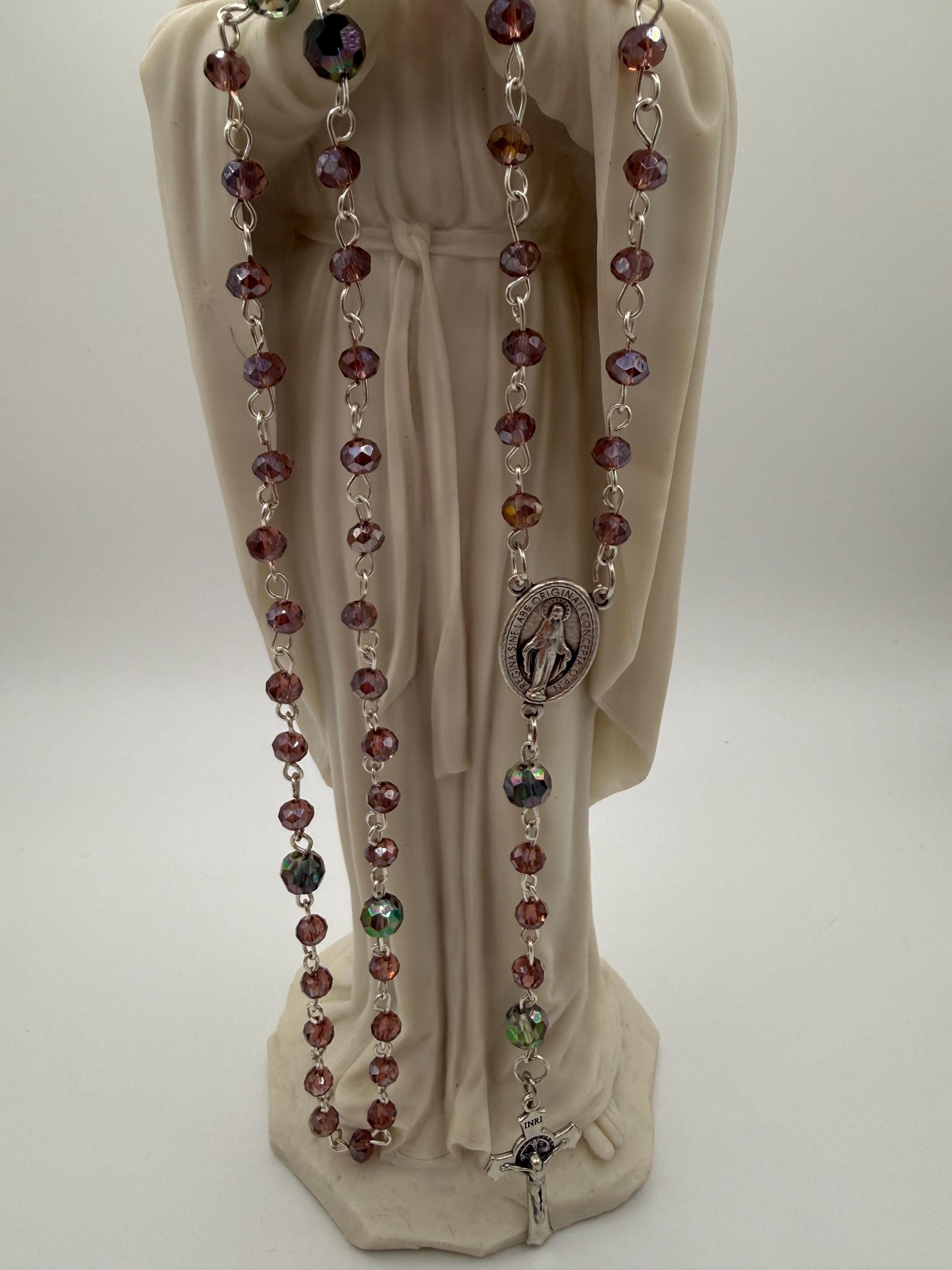 Purple Crystal Rosary, Iridescent Our Father Beads, Miraculous Medal