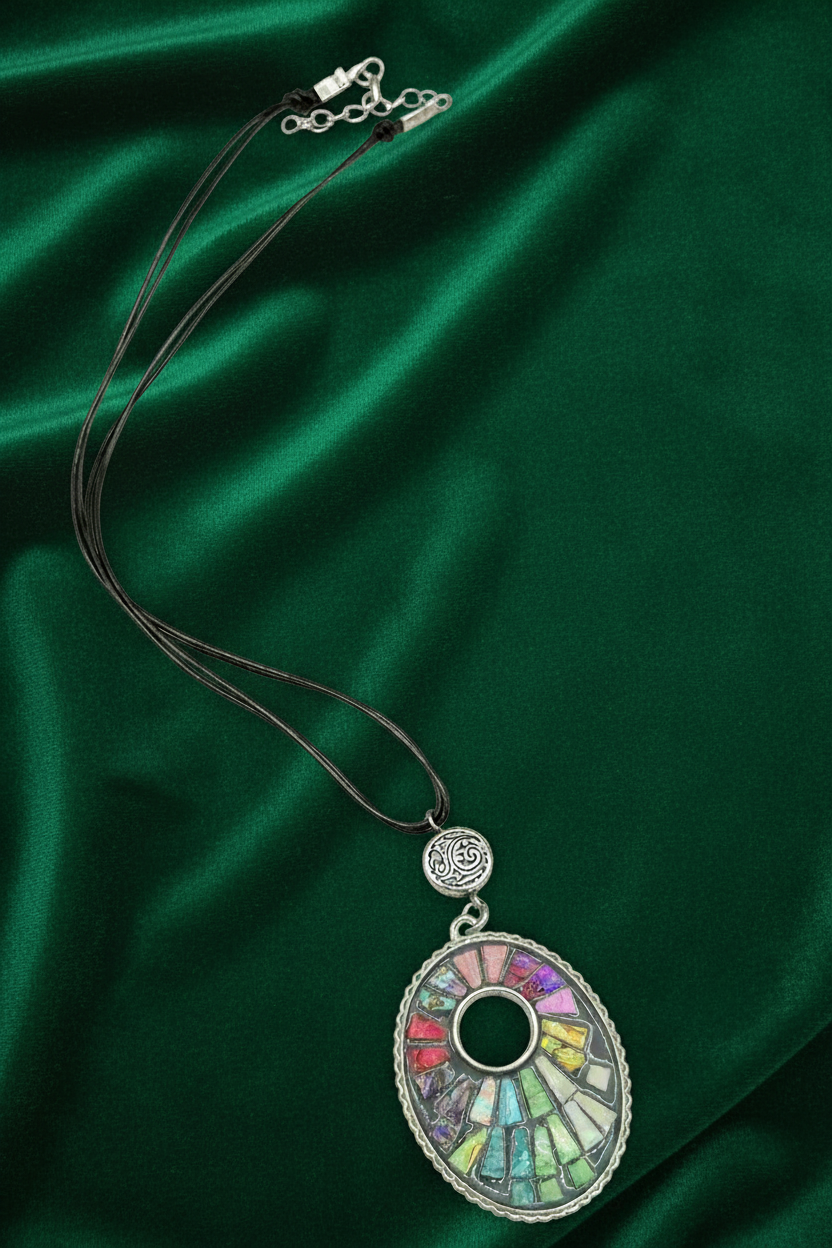Colorful Mosaic Pendant Necklace, Rainbow Stained Glass Style Choker, Multi Strand Black Cord