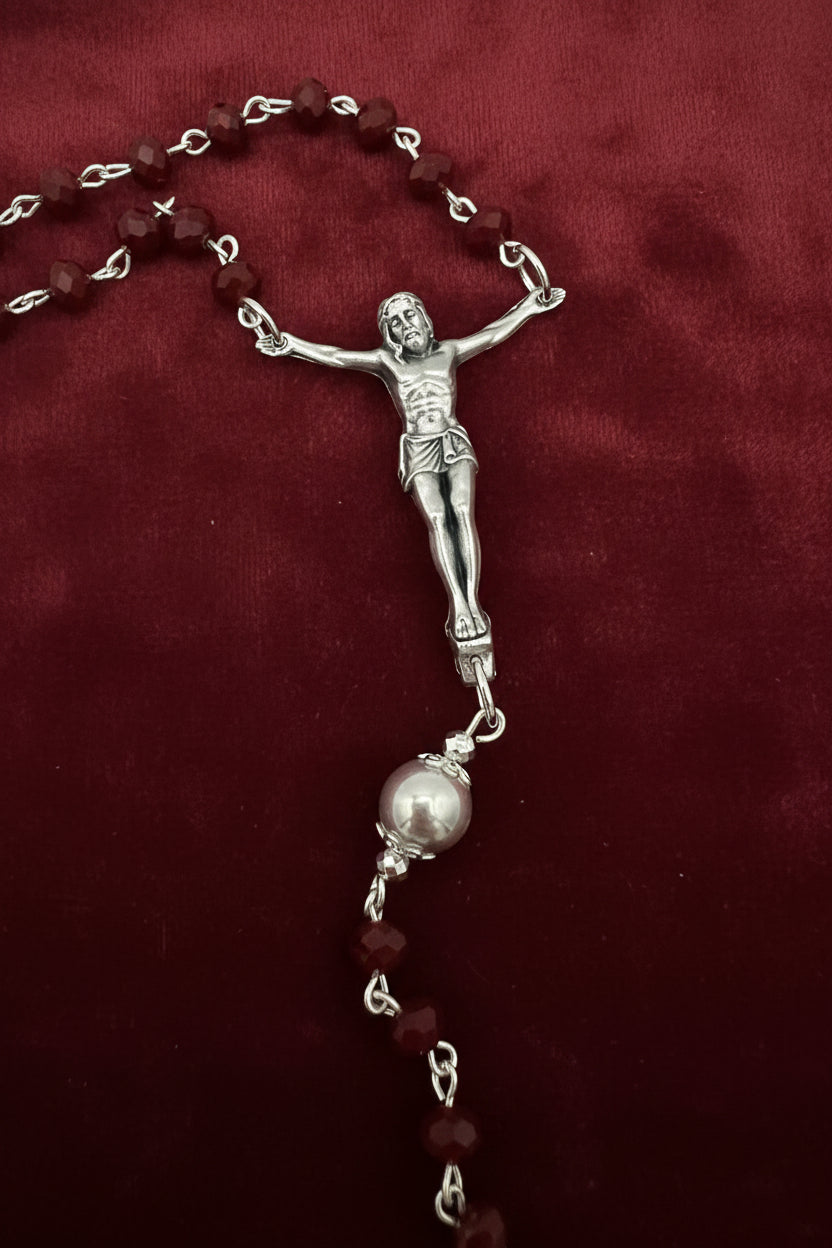 Handmade Catholic Rosary Crucifix | Silver Tone Cross with Red Accent Bead Rosary Crucifix