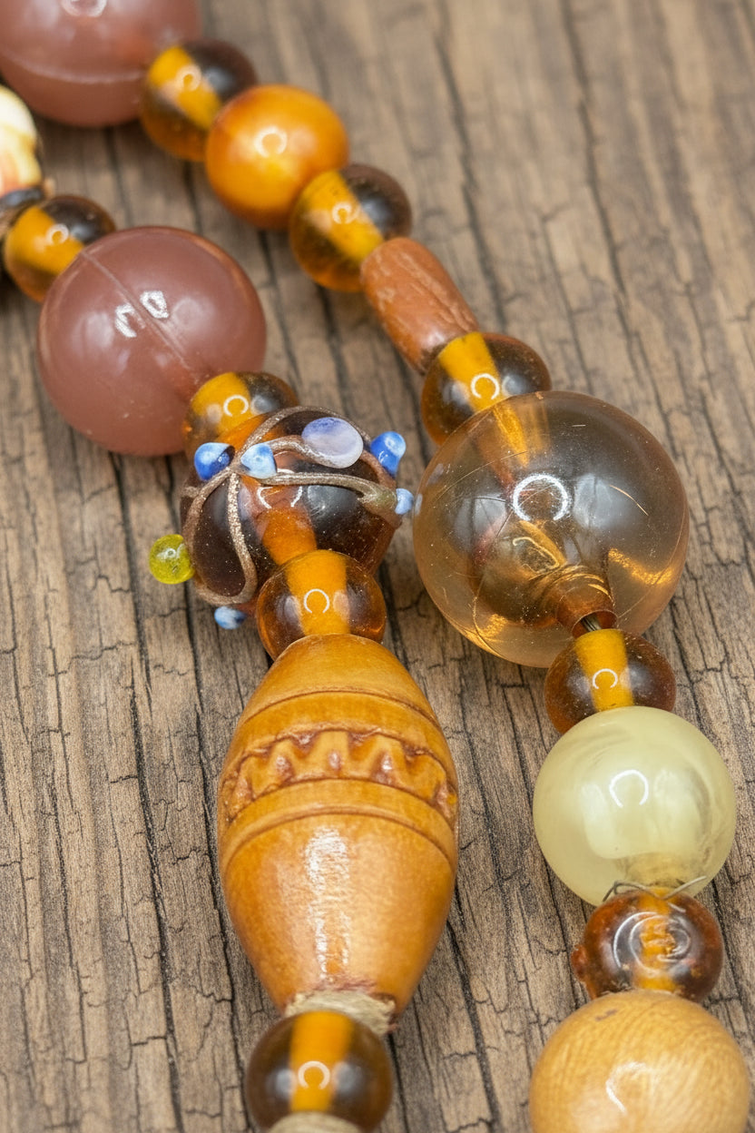 Vintage Layered Amber & Wood Mixed Material Statement Necklace