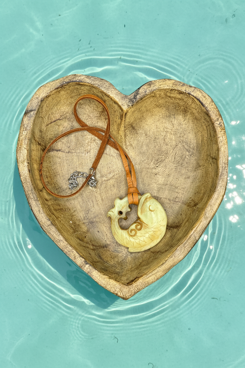 Hand-Carved Artisan Fish Pendant Necklace on Leather Cord