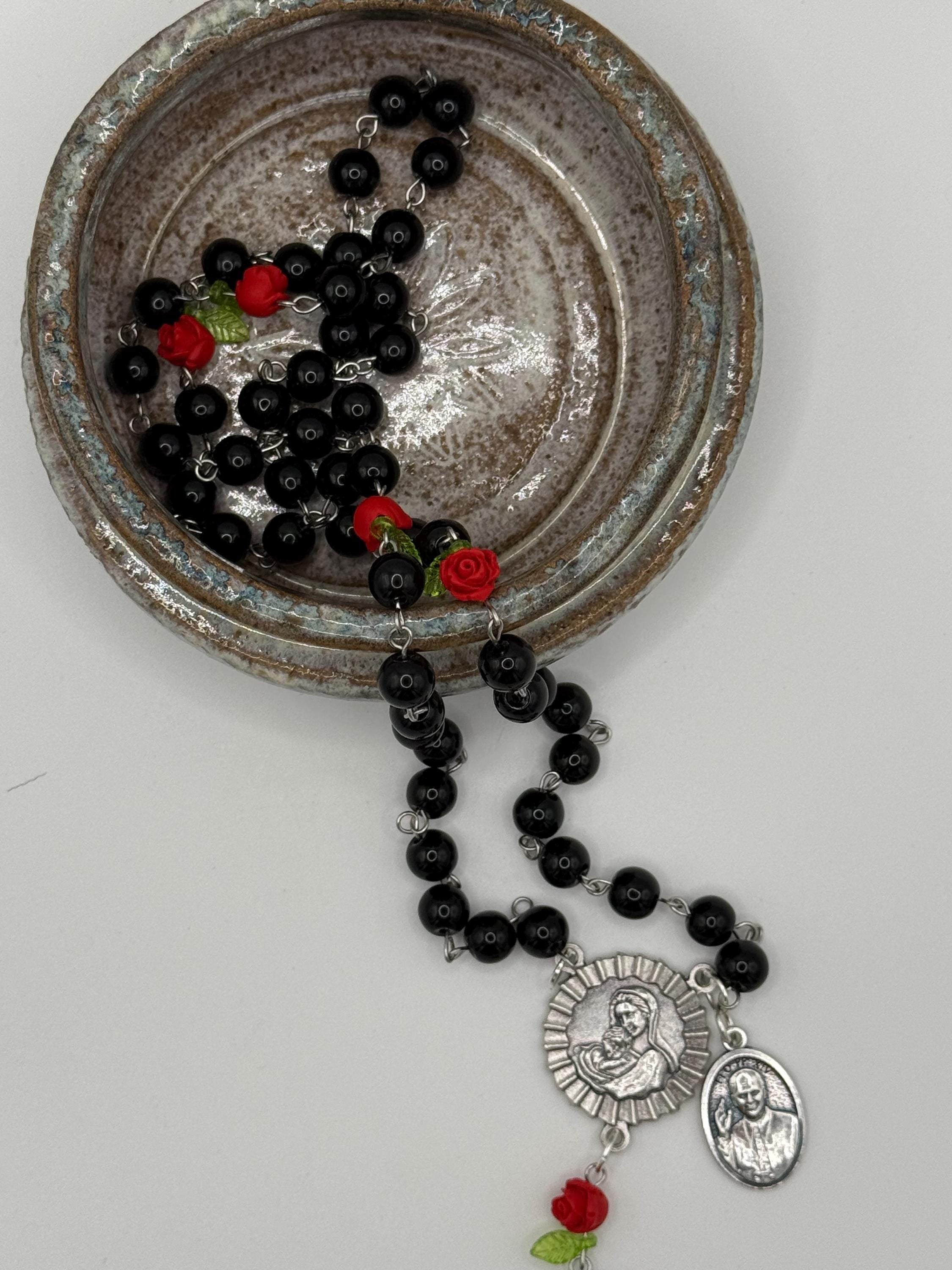 Black Rosary, Red Rose Accents, Madonna & Child, St. Pope Leo Medal
