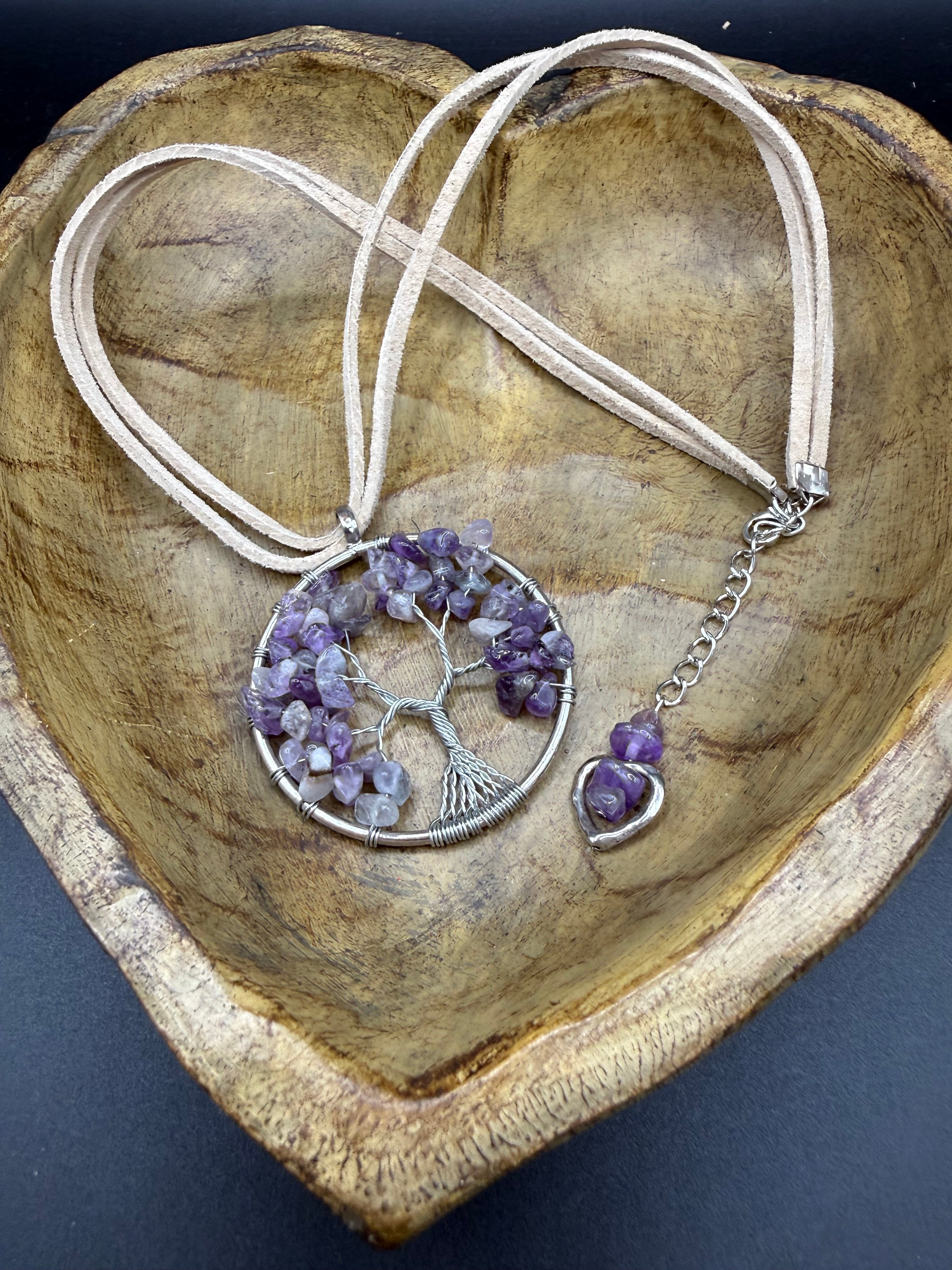Boho Amethyst Tree of Life Wire Wrapped Pendant Necklace