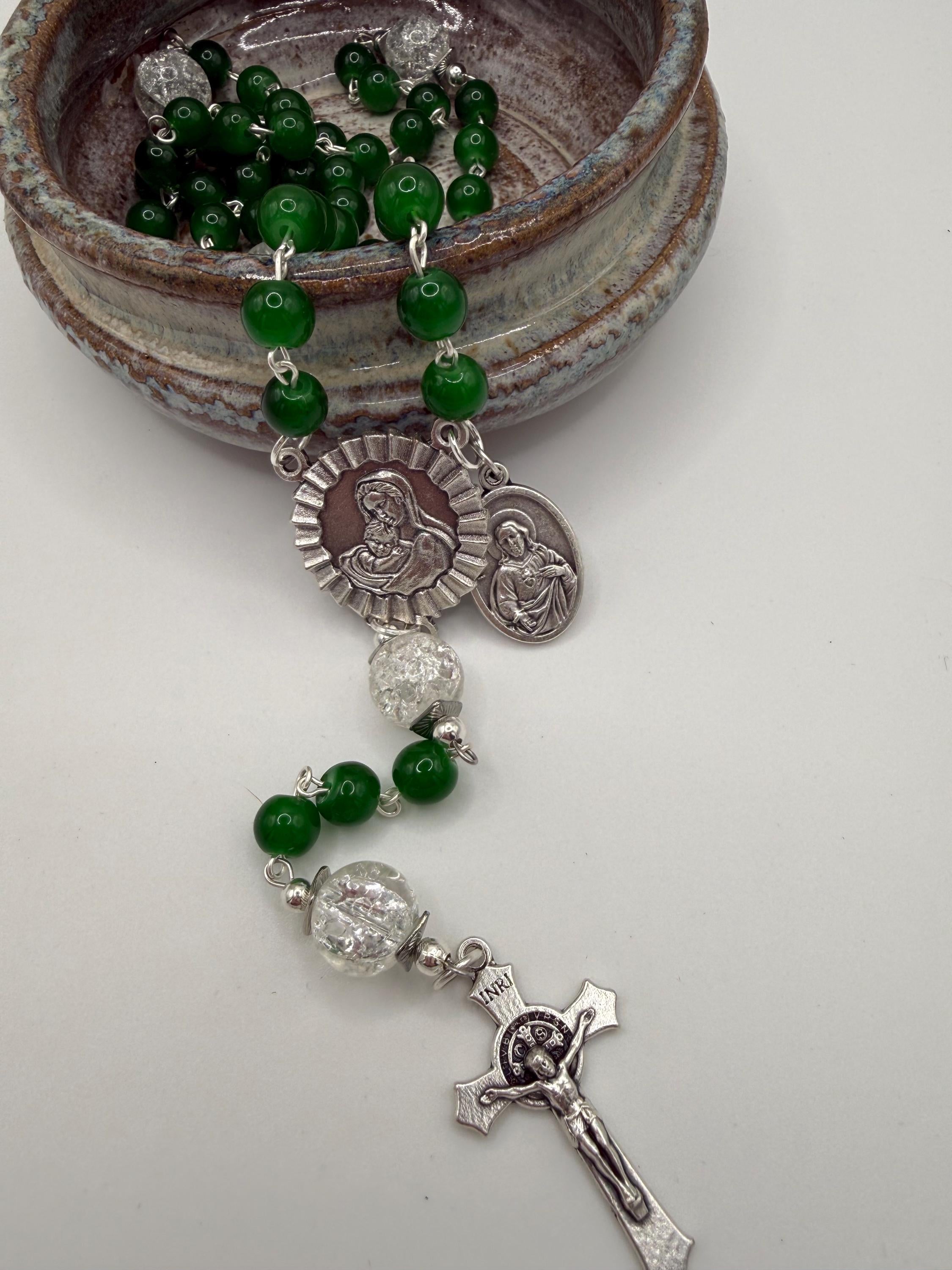 Handmade Green Rosary with Crackle Glass Beads, Miraculous Medal & Crucifix