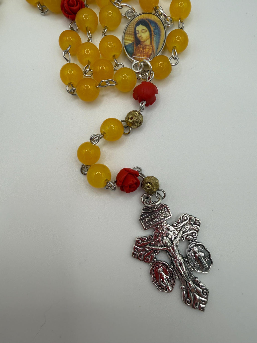 Yellow Glass Bead Rosary With Red Rose Accents, Our Lady of Guadalupe Center