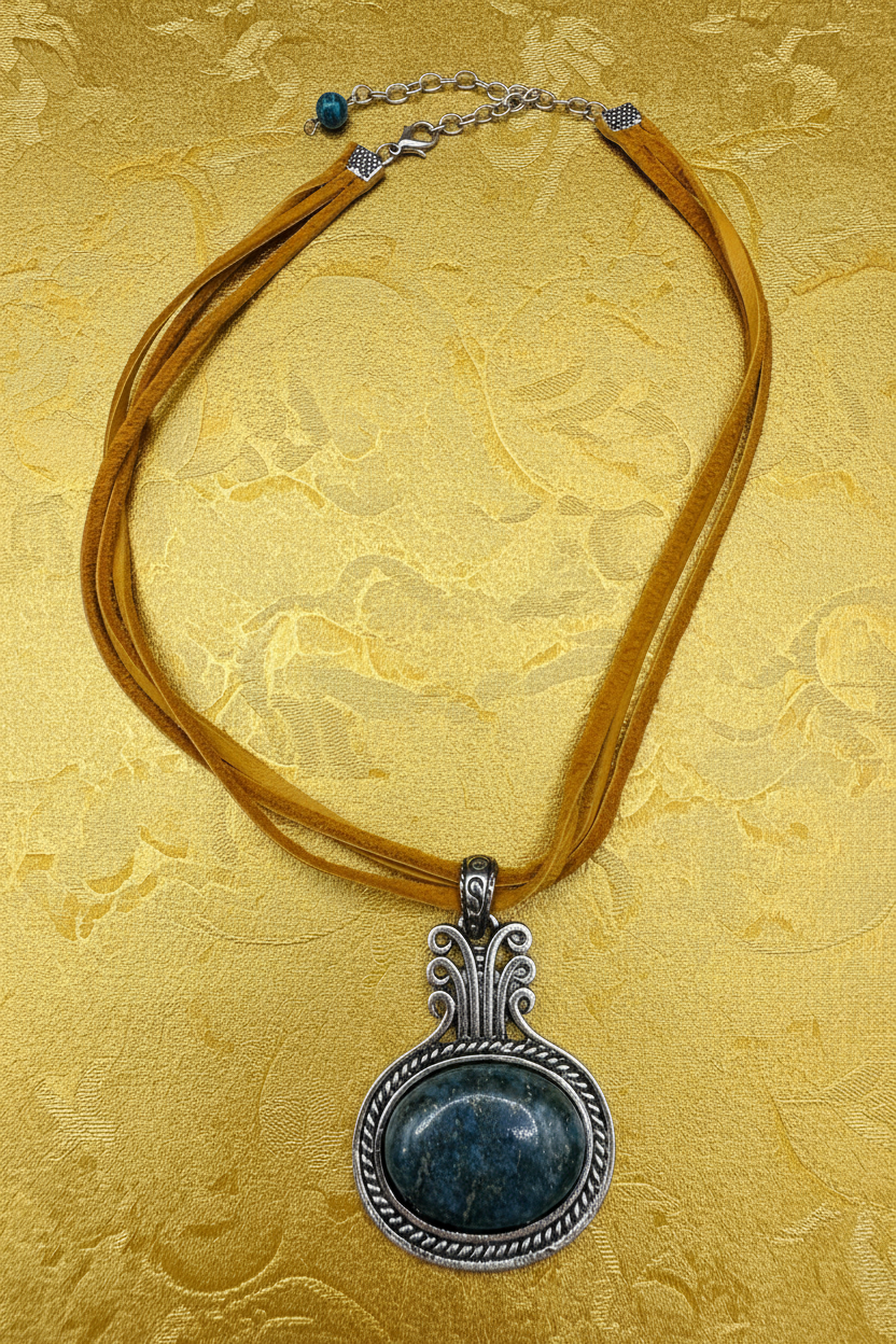 Boho Lapis Lazuli Oval Pendant Necklace, Ornate Silver Framed Blue Gemstone Charm, Double Strand Yellow-Ochre Suede Cord, Tribal Artisan Statement Jewelry