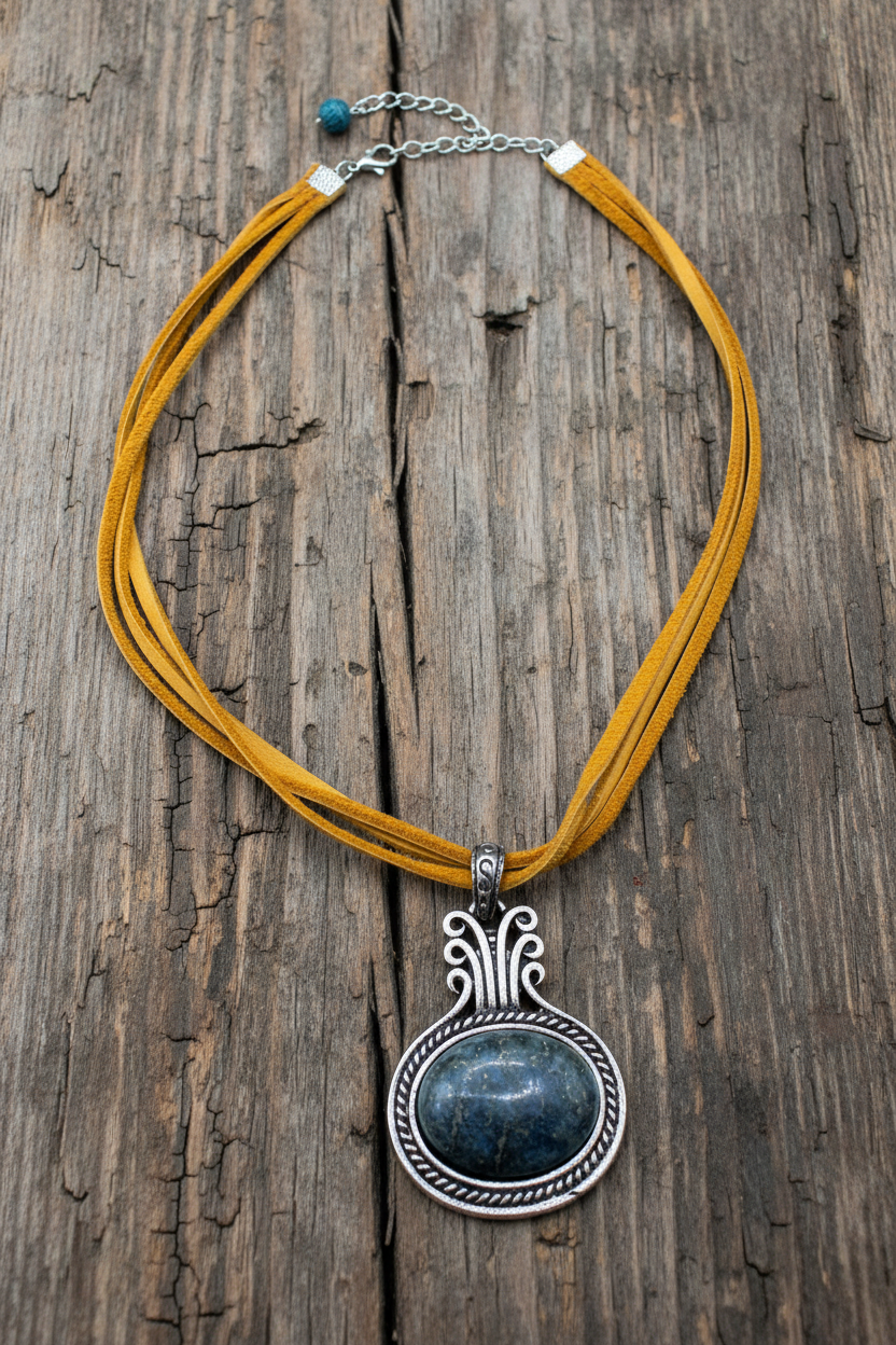 Boho Lapis Lazuli Oval Pendant Necklace, Ornate Silver Framed Blue Gemstone Charm, Double Strand Yellow-Ochre Suede Cord, Tribal Artisan Statement Jewelry
