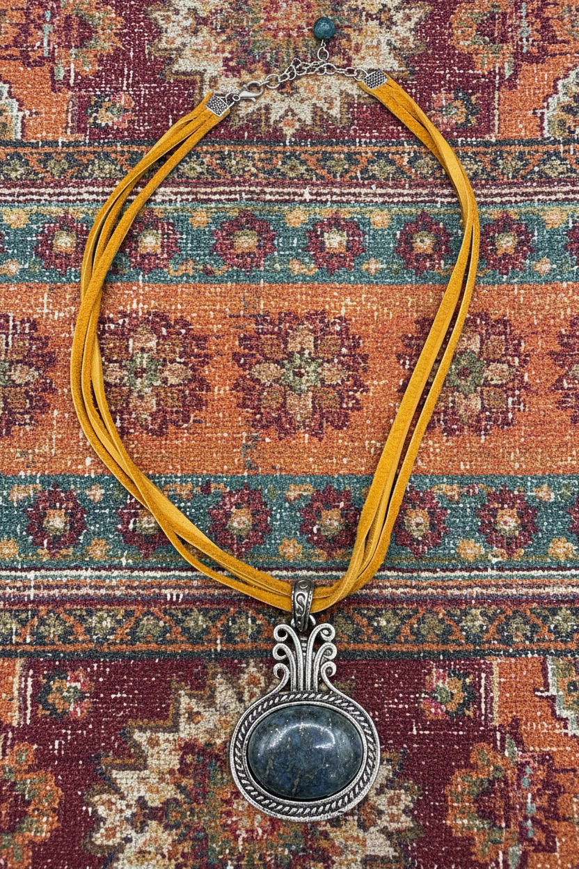 Boho Lapis Lazuli Oval Pendant Necklace, Ornate Silver Framed Blue Gemstone Charm, Double Strand Yellow-Ochre Suede Cord, Tribal Artisan Statement Jewelry