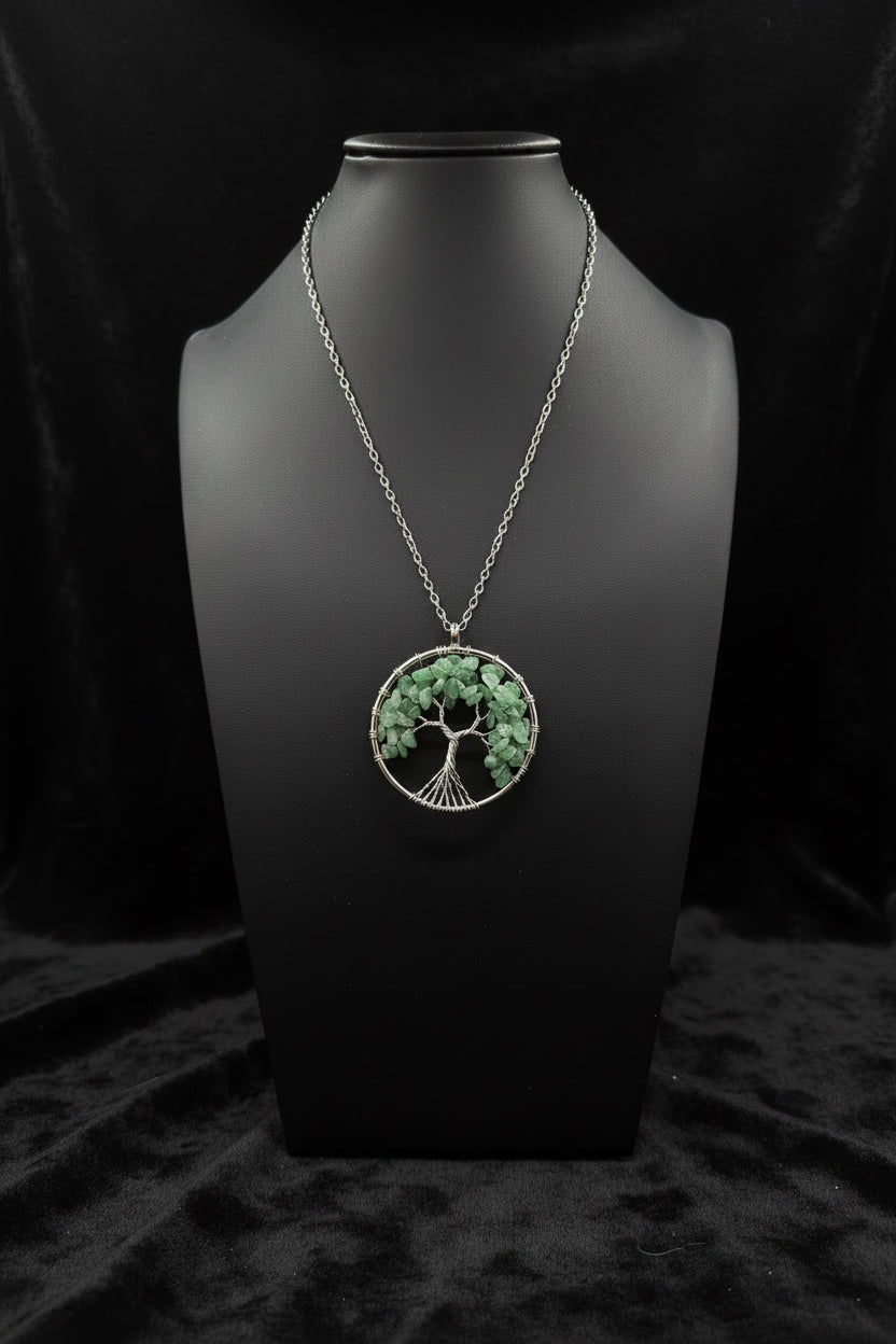 Wire Wrapped Green Aventurine Tree of Life Pendant Necklace • Silver Chain Boho Jewelry