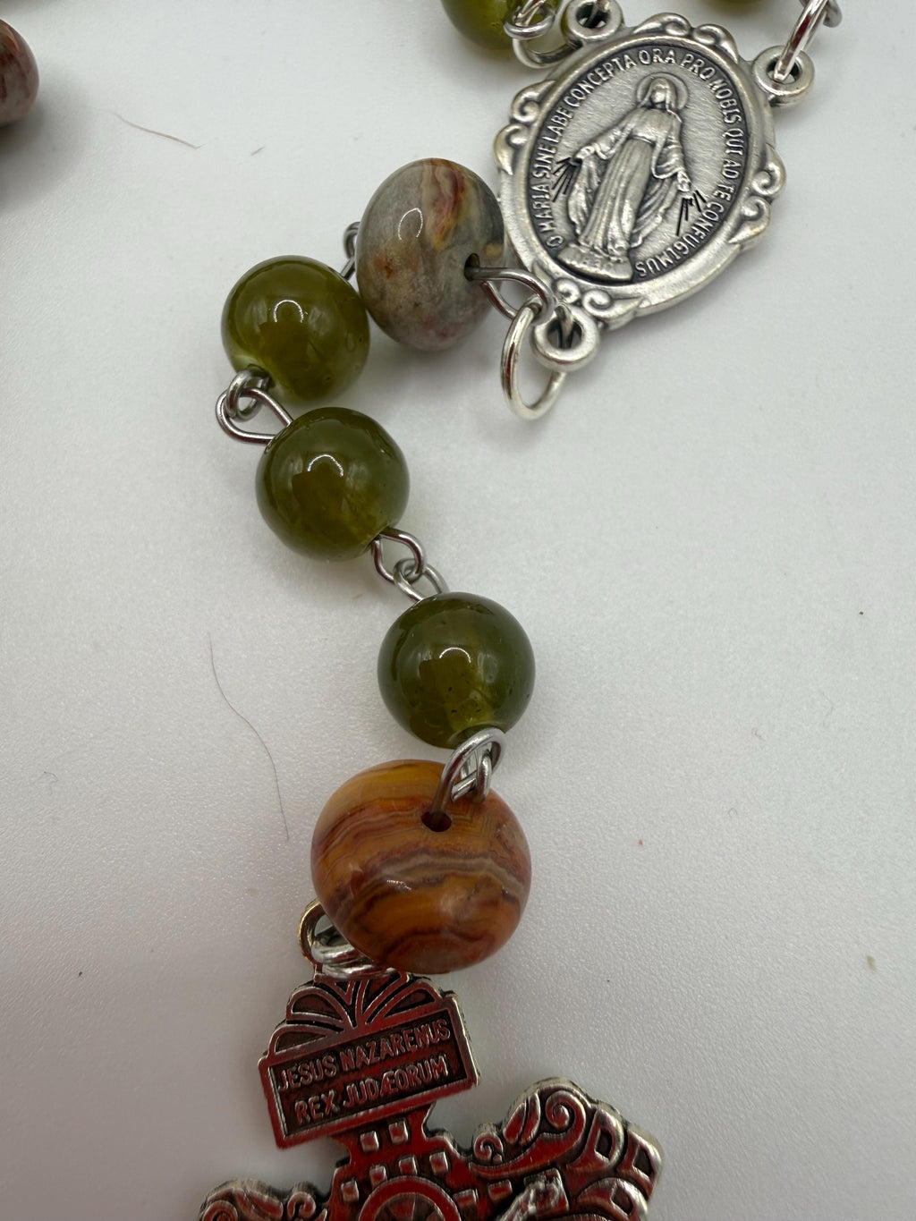 Handmade Green Rosary-Olive Beads with Agate Accents, Silver Miraculous Medal Center and Pardon Crucifix