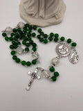 Handmade Green Rosary with Crackle Glass Beads, Miraculous Medal & Crucifix