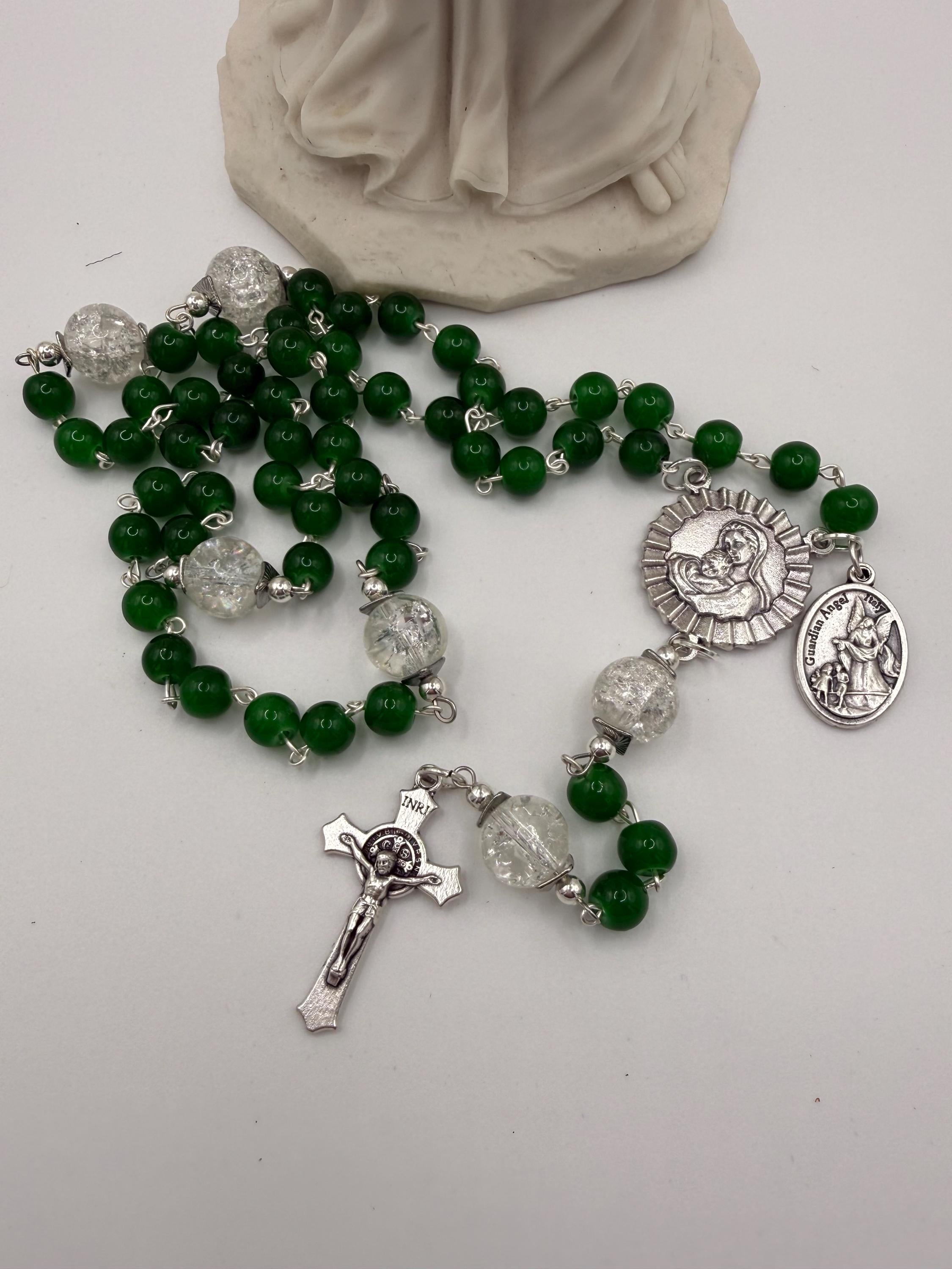 Handmade Green Rosary with Crackle Glass Beads, Miraculous Medal & Crucifix