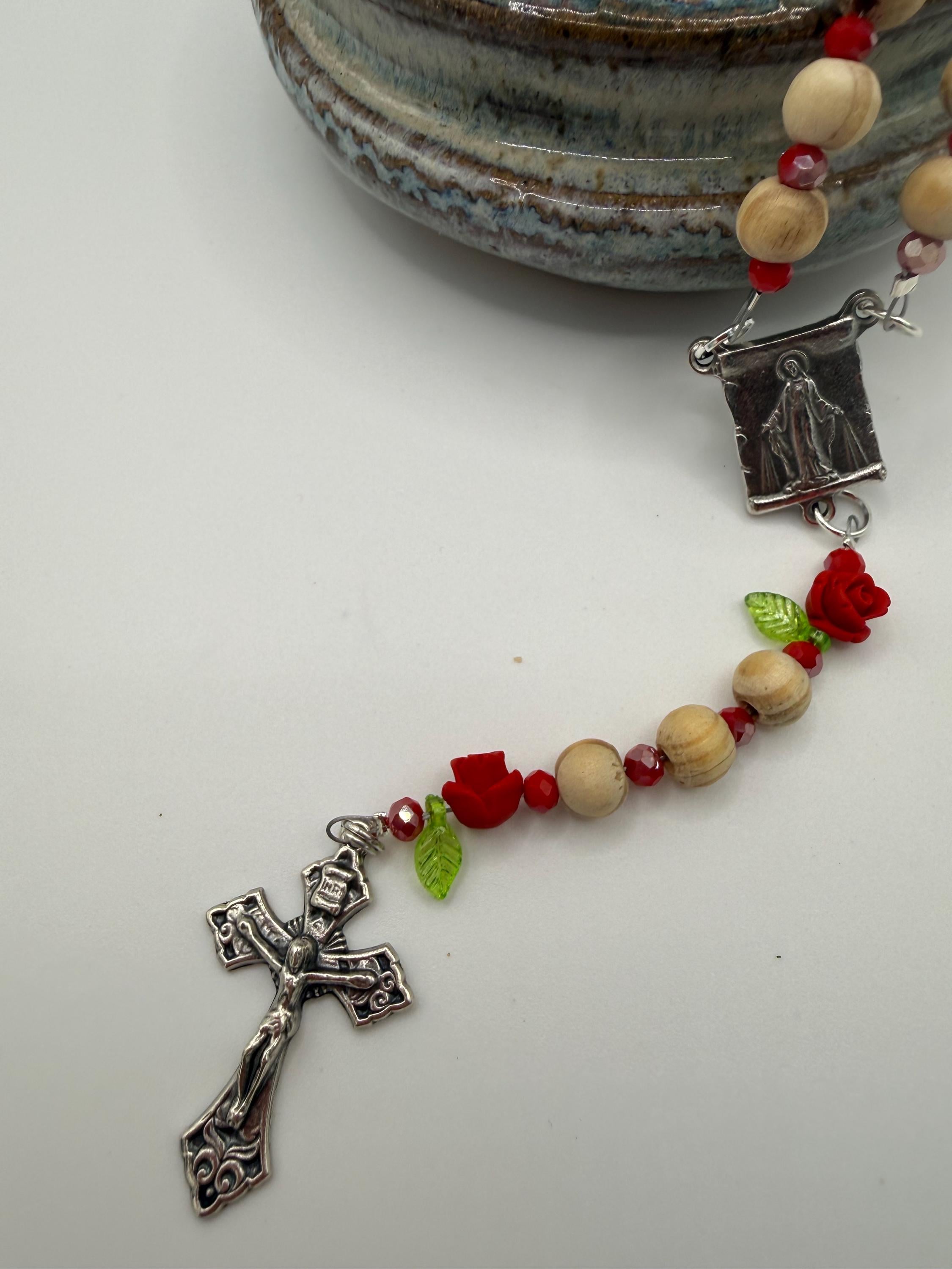 Wooden Rosary, Red Crystal Spacers, Rose Our Father Beads
