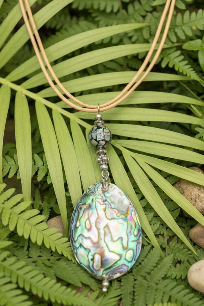 Natural Abalone Shell Pendant Necklace with Tan Leather Cord