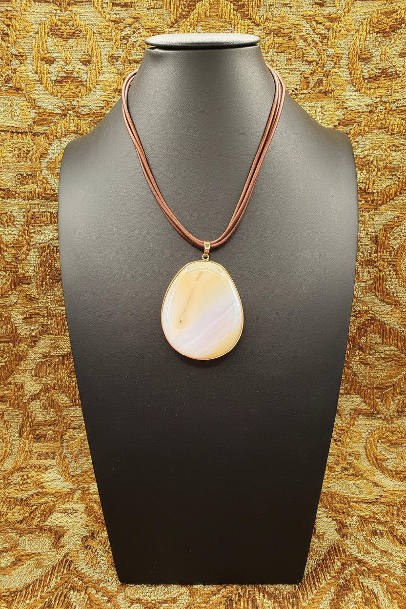 Natural Agate Slice Pendant Necklace | Gold Edged Polished Gemstone | Multi-Strand Brown Leather Cord | Boho Statement Jewelry Gift