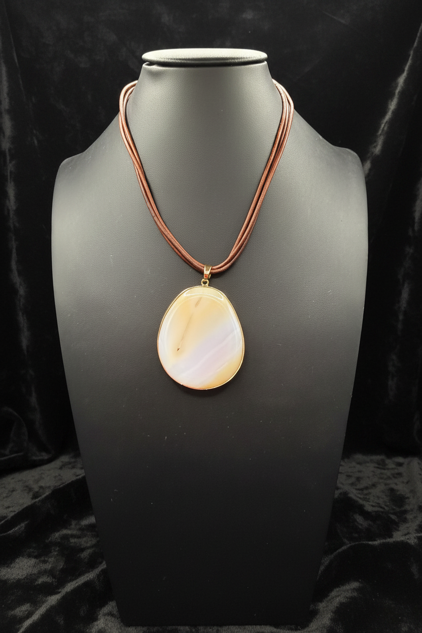 Natural Agate Slice Pendant Necklace | Gold Edged Polished Gemstone | Multi-Strand Brown Leather Cord | Boho Statement Jewelry Gift