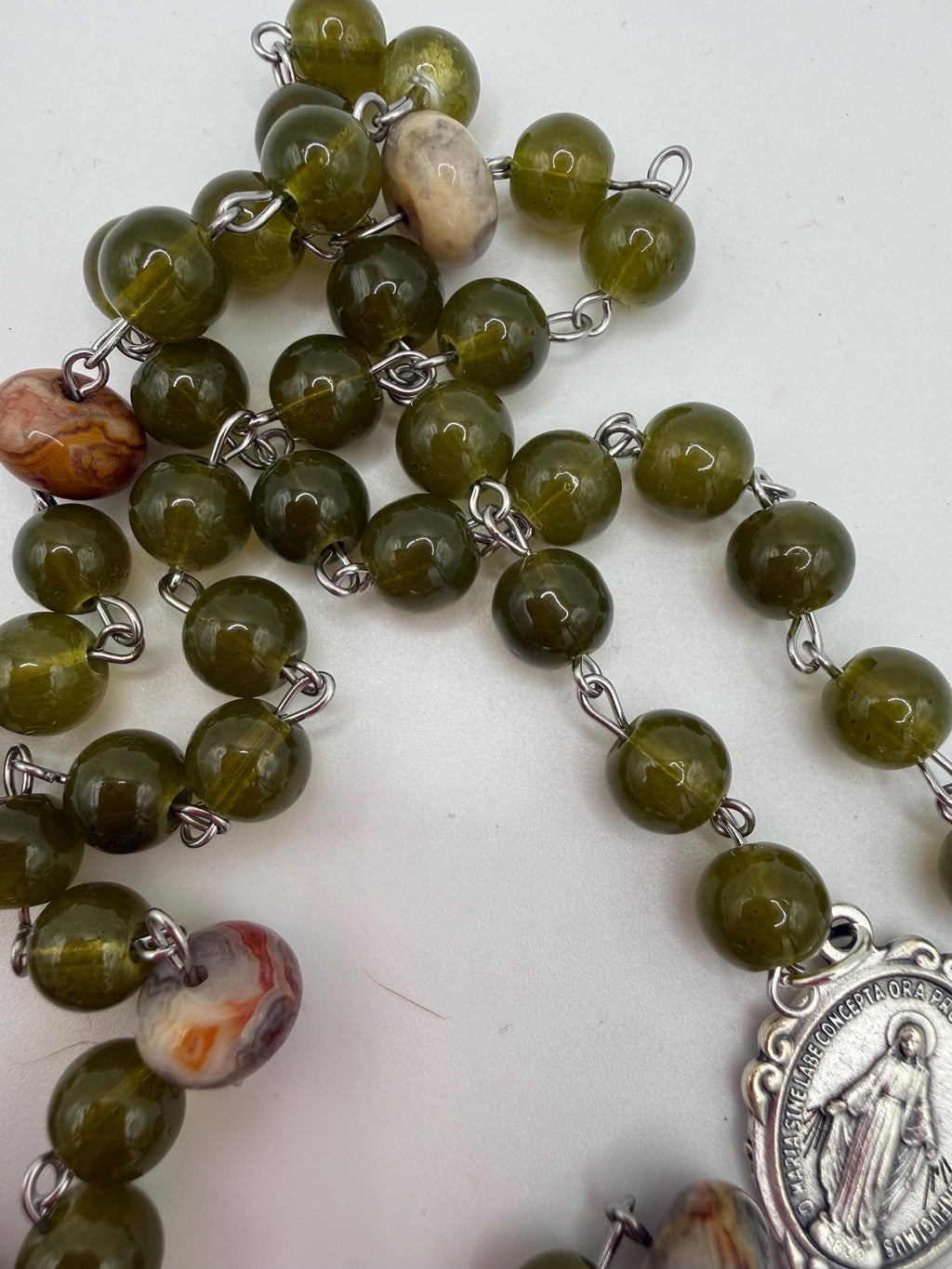 Handmade Green Rosary-Olive Beads with Agate Accents, Silver Miraculous Medal Center and Pardon Crucifix