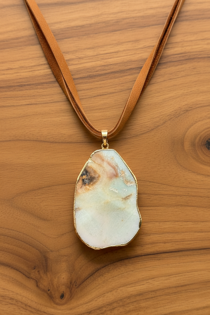 Natural Amazonite Stone Slice Pendant Necklace | Genuine Green Gemstone on Brown Leather Cord | Boho Chic Jewelry | Earthy Handmade Gift for