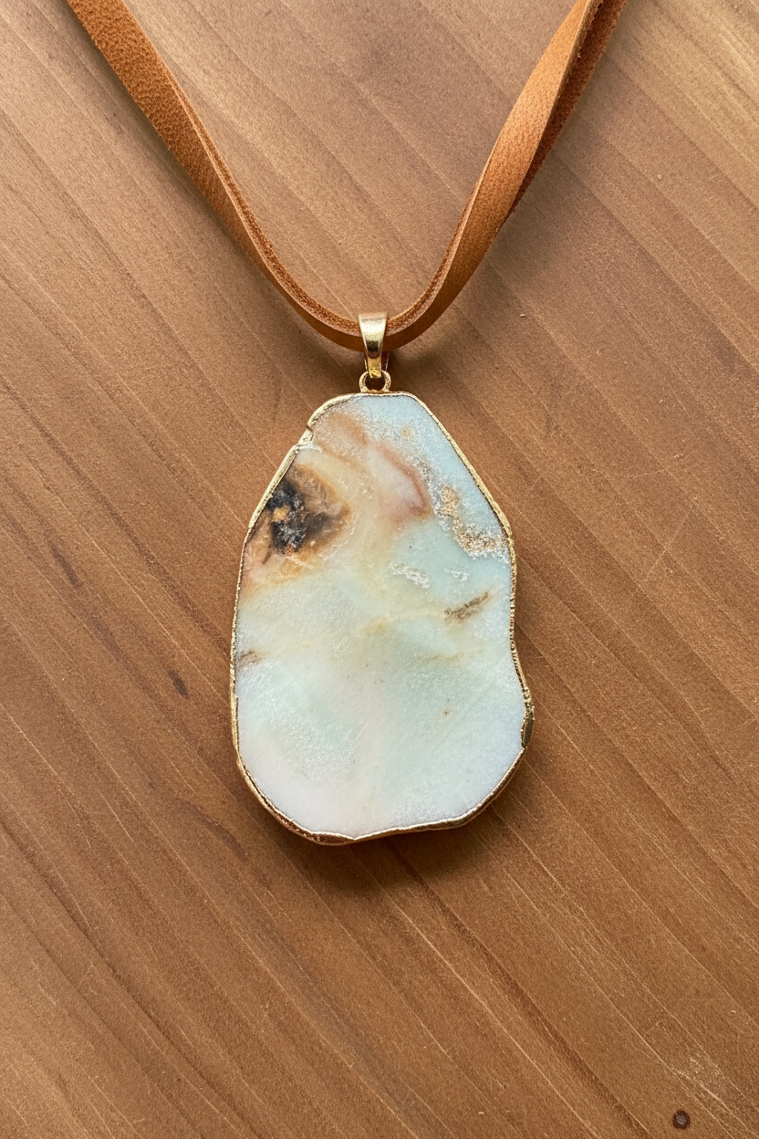 Natural Amazonite Stone Slice Pendant Necklace | Genuine Green Gemstone on Brown Leather Cord | Boho Chic Jewelry | Earthy Handmade Gift for