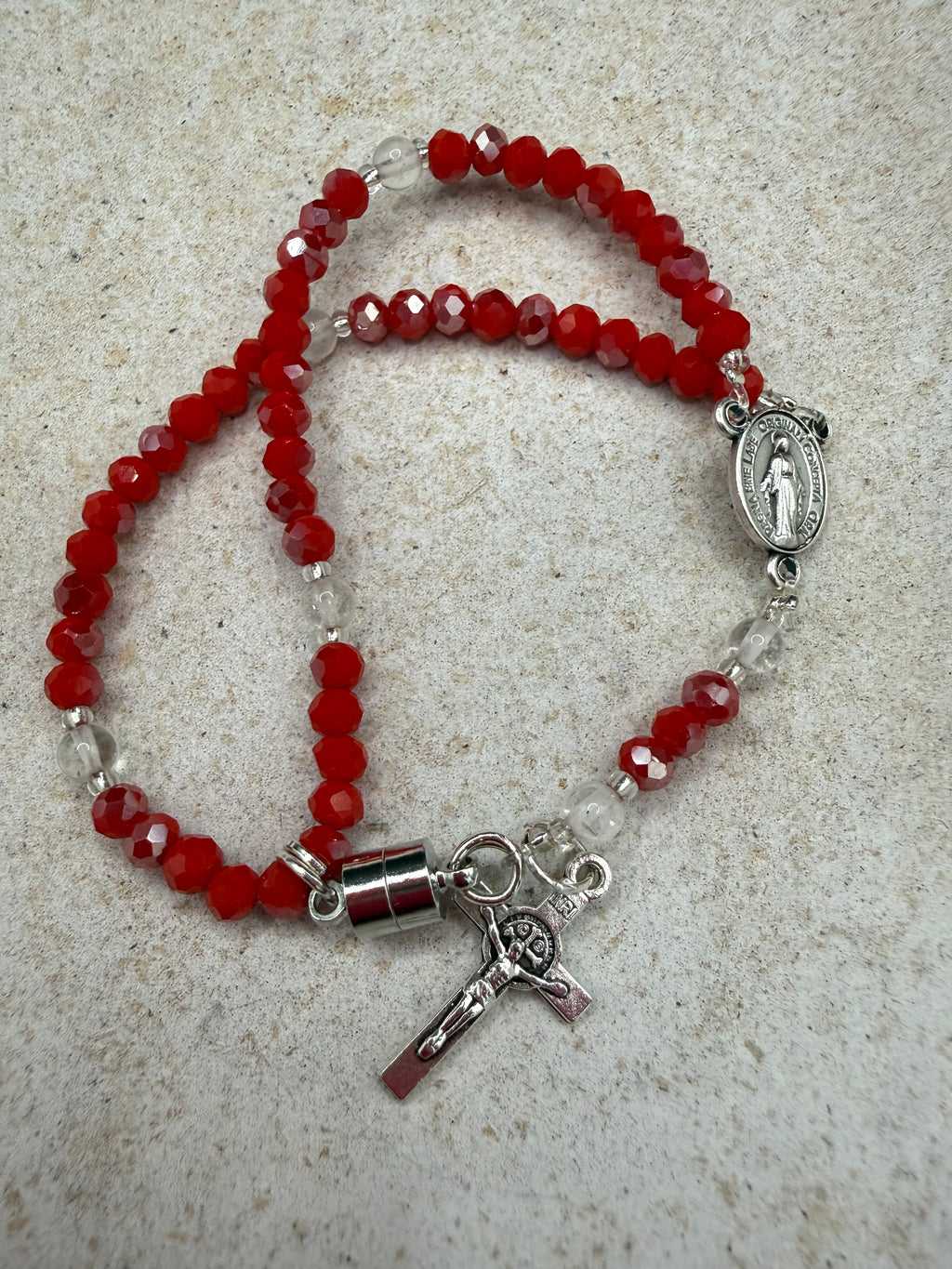 Red Crystal Rosary Bracelet – Miraculous Medal & Silver Crucifix | Handmade Catholic Gift