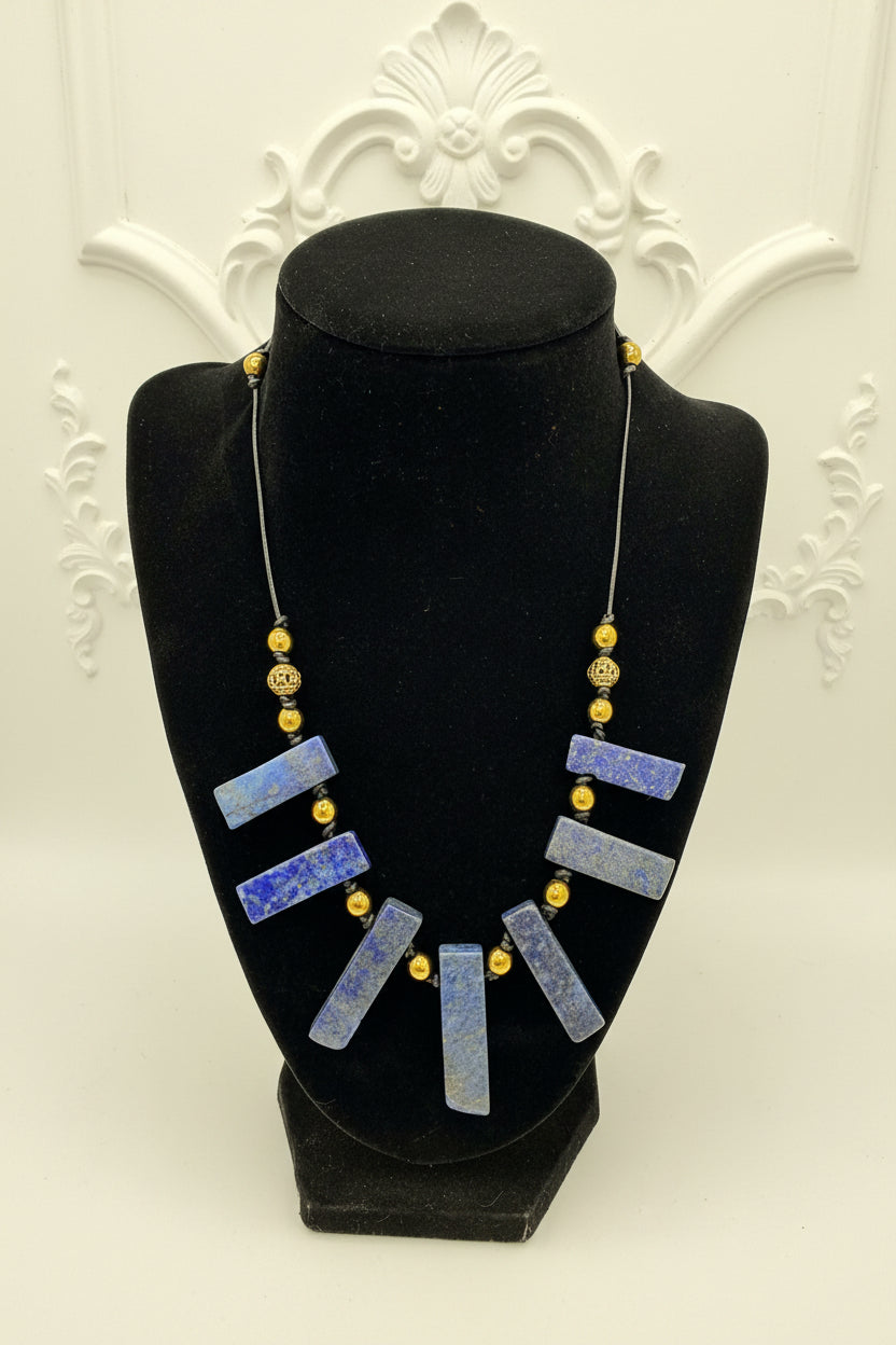 Lapis Lazuli Statement Necklace With Pyrite Gold Beads, Boho Artisan