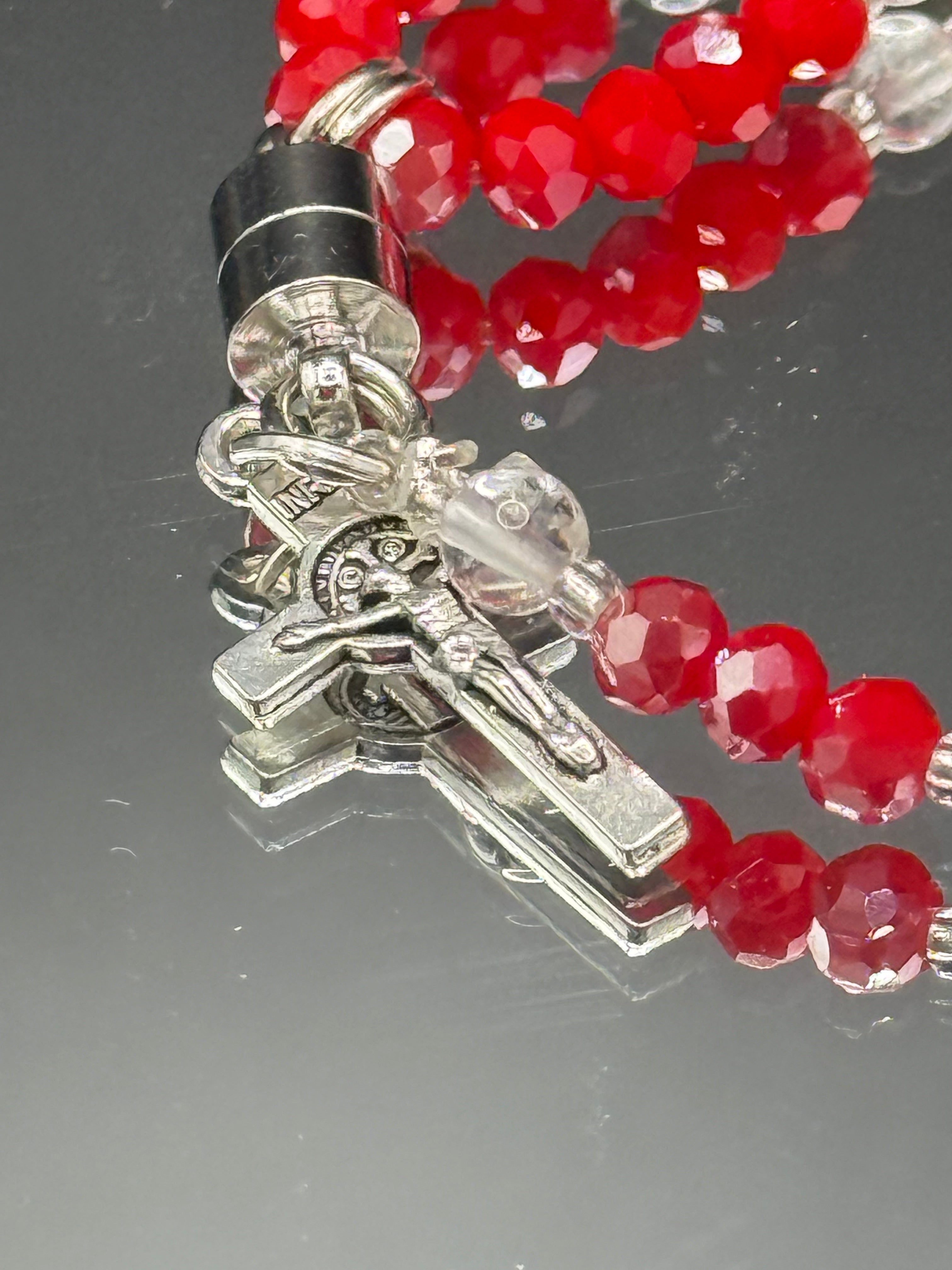 Red Crystal Rosary Bracelet – Miraculous Medal & Silver Crucifix | Handmade Catholic Gift