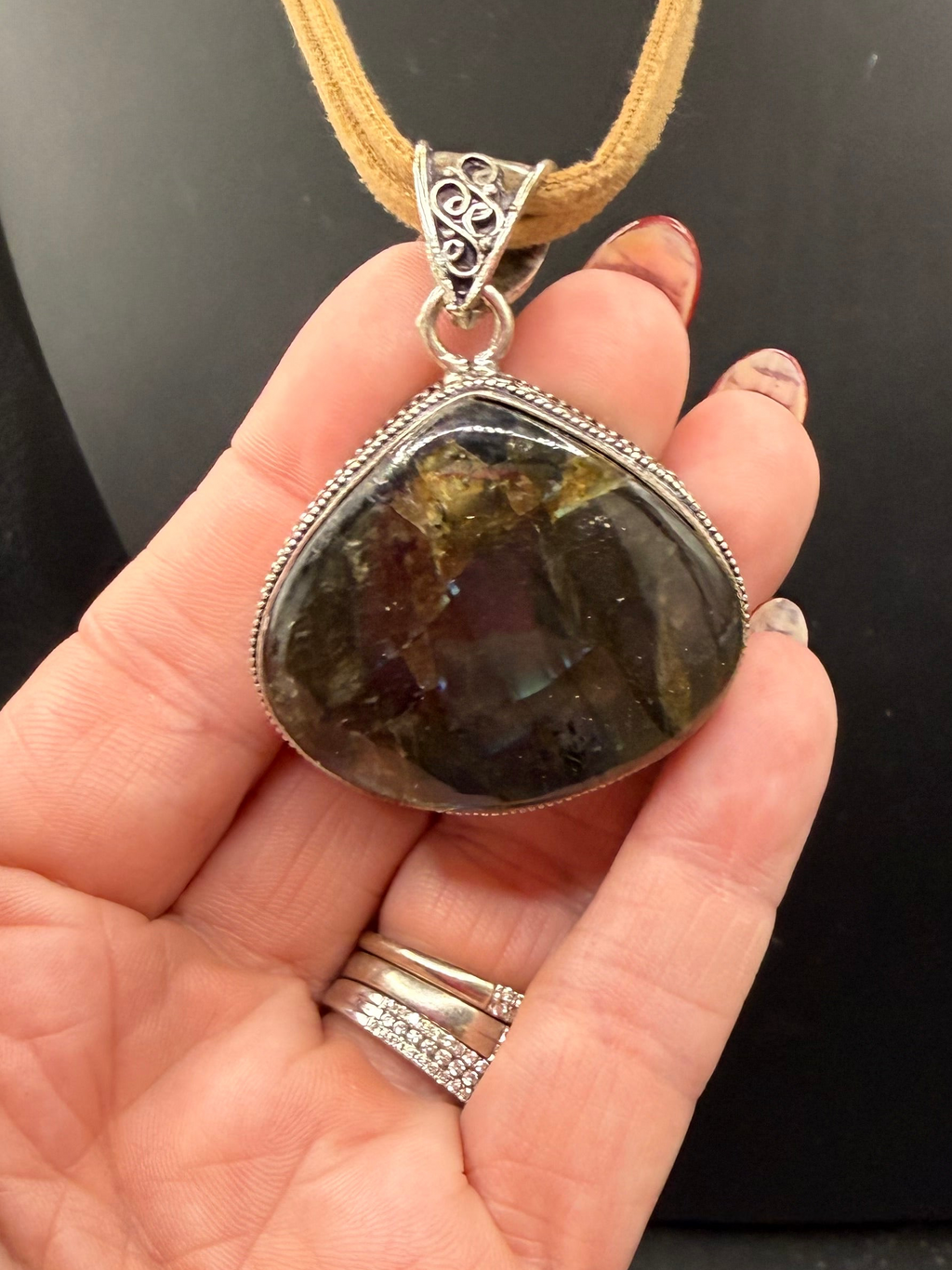 Large Teardrop Labradorite Statement Pendant Necklace – Boho Suede Cord Jewelry