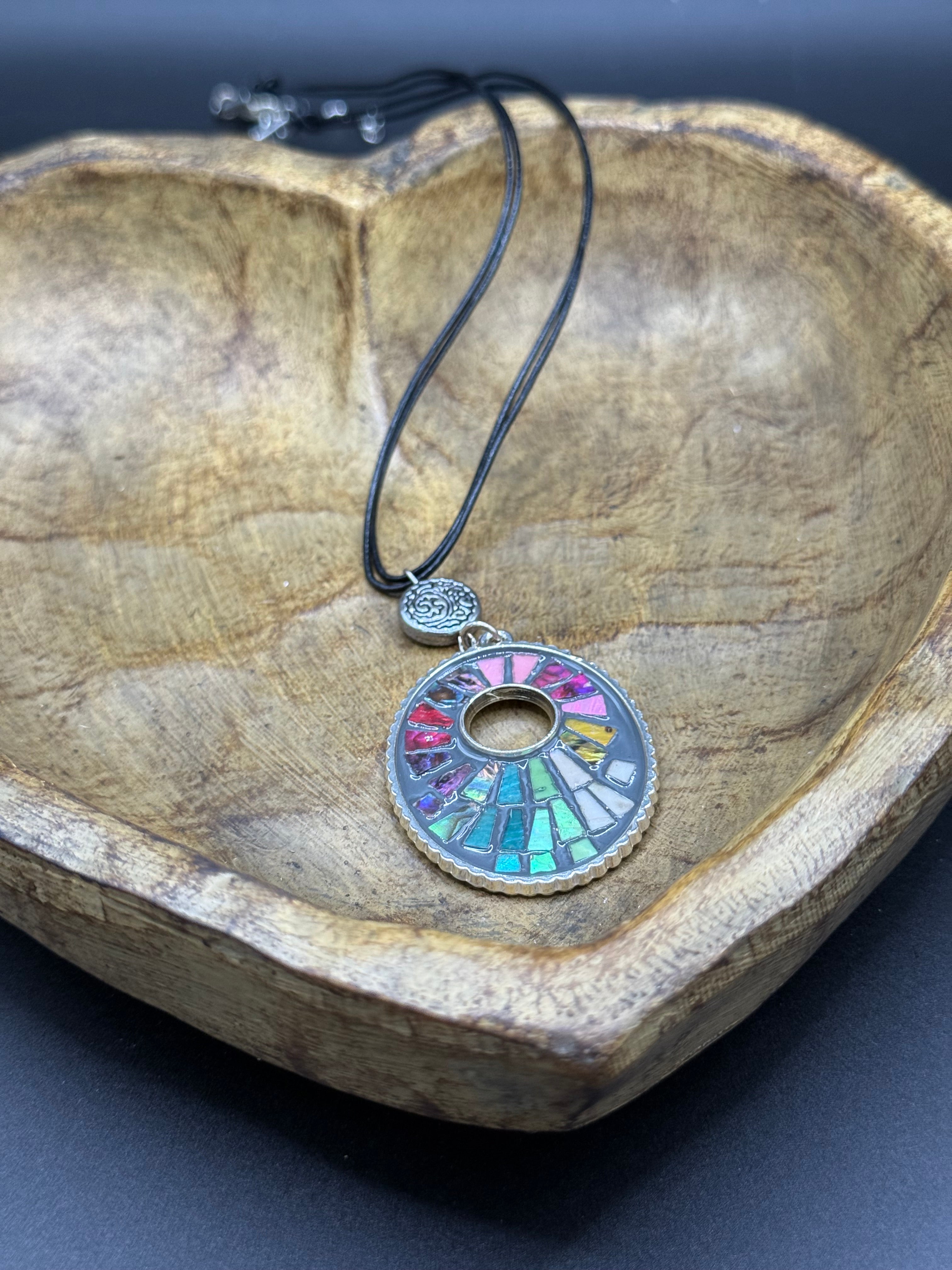 Colorful Mosaic Pendant Necklace, Rainbow Stained Glass Style Choker, Multi Strand Black Cord