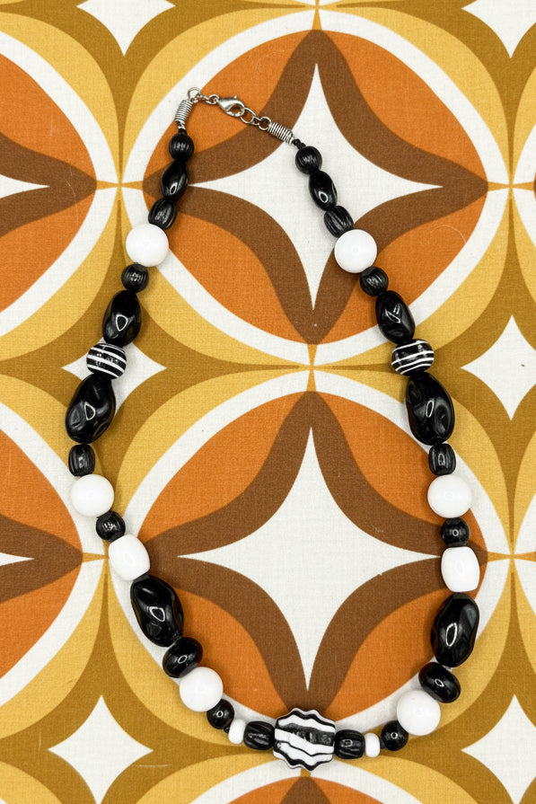 Vintage Monochrome Art Glass Statement Necklace | Black & White Striped Beaded Choker