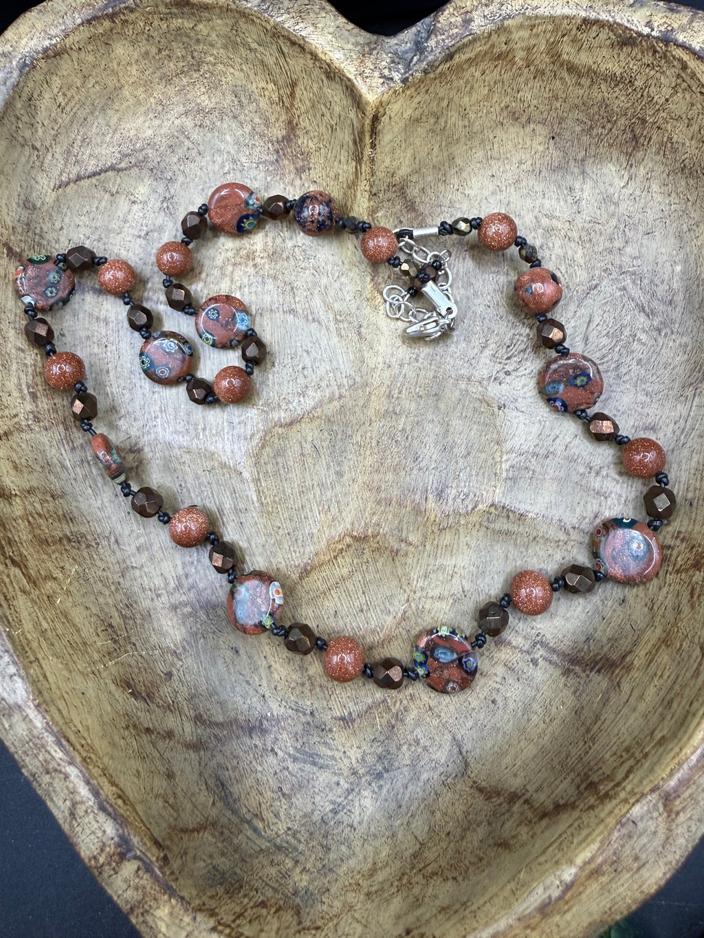 Sparkling Goldstone & Venetian Millefiori Glass Bead Necklace | Warm Earth Tones