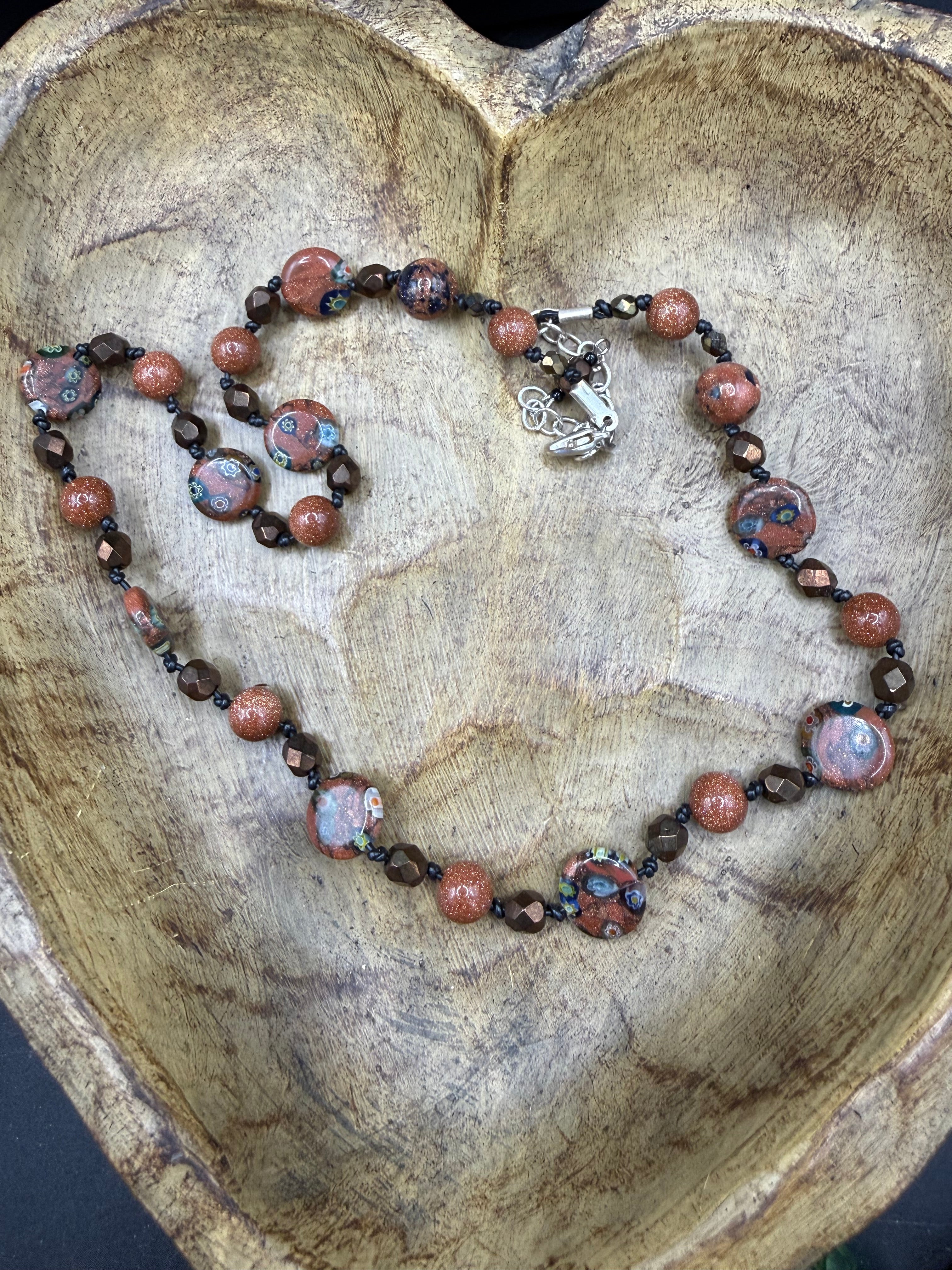 Sparkling Goldstone & Venetian Millefiori Glass Bead Necklace | Warm Earth Tones